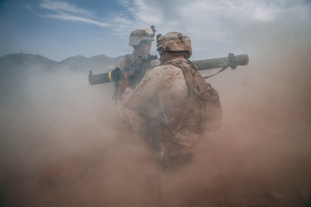 U.S. Marines with the 2nd Battalion, 23rd Marine Regiment fire a Mk 153 Shoulder-Launched Multipurpose Assault Weapon (SMAW) at enemy targets during the Mobile Assault Course at Training Area Prospect as a part of Unit Deployment Program 19.1 aboard the Marine Corps Air Ground Combat Center, Twentynine Palms, Calif., Aug 9, 2018. The purpose of UDP 19.1 is to sharpen technical and tactical skills and enhance unit cohesion to ensure mission success. (U.S. Marine Corps photo by Lance Cpl. William Chockey)