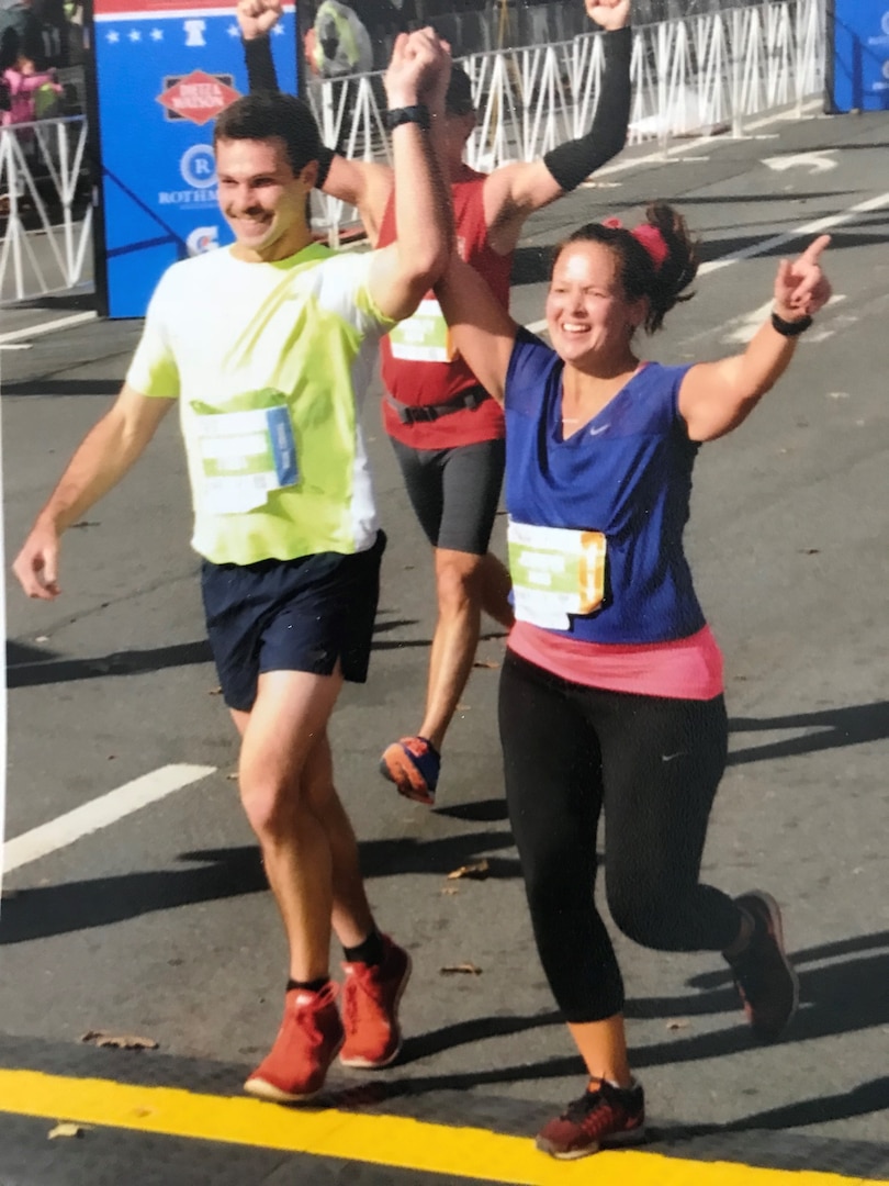 DLA Troop Support Clothing and Textiles acquisition specialist Aaron Jones, left, and contracting officer Jennifer Scarpello complete the Philadelphia Marathon November 19, 2017. Jones and Scarpello work on C&T’s individual equipment team and used the DLA Wellness Program to help train for the marathon and other long distance races.