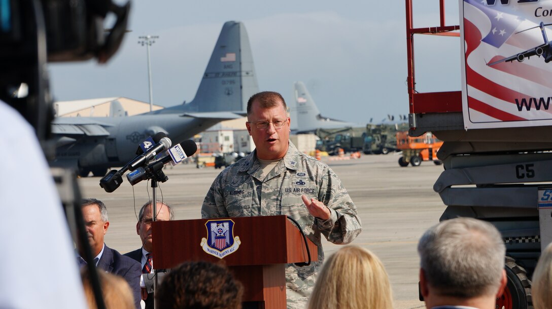 Brig. Gen. John Kubinec, Warner Robins Air Logistics Complex commander, announces a campaign to hire 1200 new employees at the air logistics complex in the next 12 months. The "1200 in 12 months" campaign aims to hire 1200 new workers for the Warner Robins Air Logistics Complex at Robins Air Force Base, Ga., by the end of fiscal 2019. That equates to an annual economic impact of $69M and over $345M over the next five years. (U.S. Air Force photo by Ed Aspera)