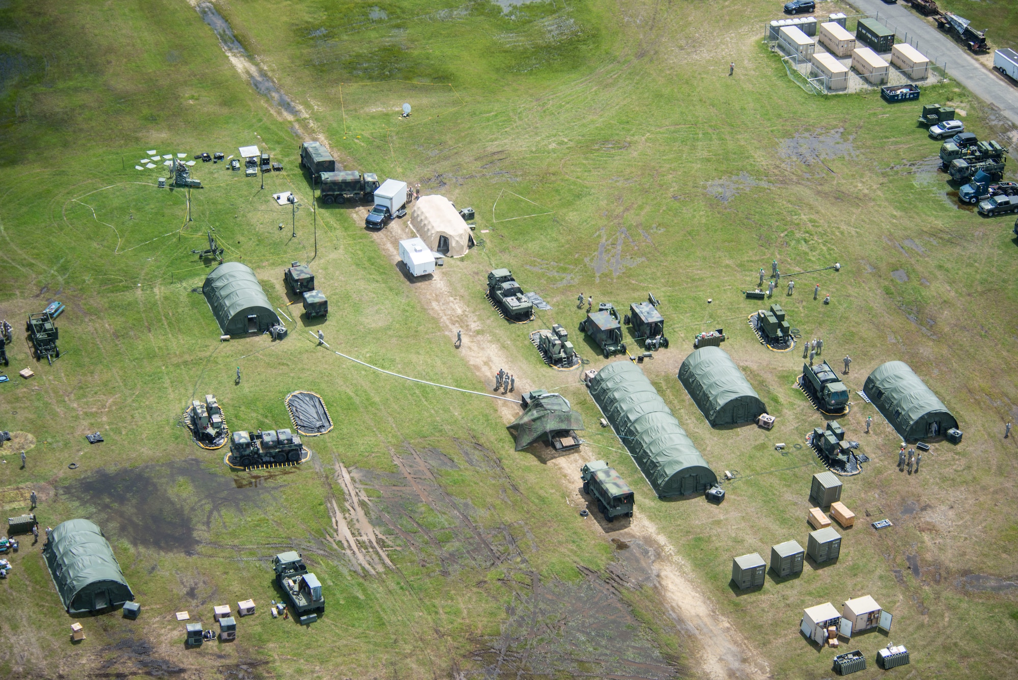 An aerial view of a training site, constructed by members of the 103rd Air Control Squadron (ACS) in Sea Girt, N.J., June 2018. Members of the 103rd ACS constructed the site during an annual training exercise. (Air National Guard photo by Tech. Sgt. Tamara R. Dabney)