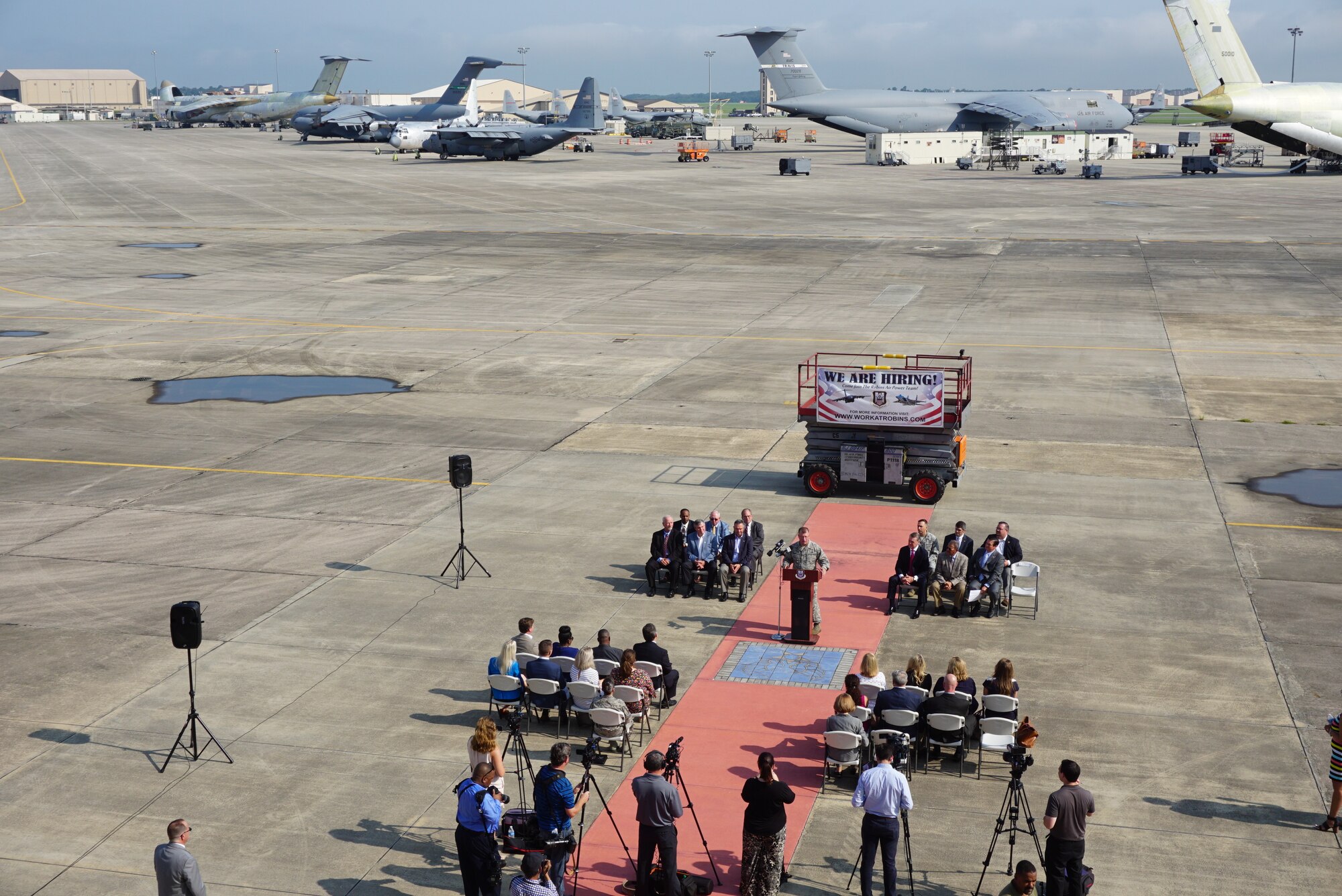 Brig. Gen. John Kubinec, Warner Robins Air Logistics Complex commander, announces a campaign to hire 1200 new employees at the air logistics complex in the next 12 months. The "1200 in 12 months" campaign aims to hire 1200 new workers for the Warner Robins Air Logistics Complex at Robins Air Force Base, Ga., by the end of fiscal 2019. That equates to an annual economic impact of $69M and over $345M over the next five years. (U.S. Air Force photo by Jonathan Bell)