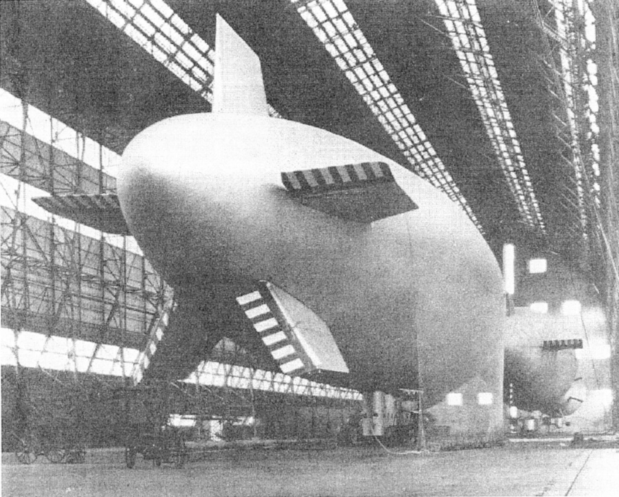 TC-14 rear view docked inside the Scott Field Airship Hangar with airship TC-11 on 20 February 1936 and showing five-fin tail.