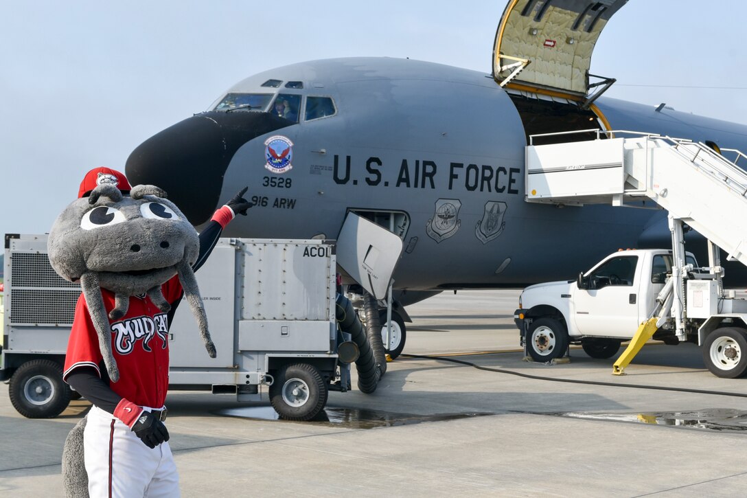 Muddy the Mudcat, the official mascot of the Carolina Mudcats flew in a 916 Air Refueling Wing KC-135R Stratotanker Thursday, Aug. 16, 2018, at Seymour Johnson Air Force Base, North Carolina. (U.S. Air Force photo by Jeramy Moore)