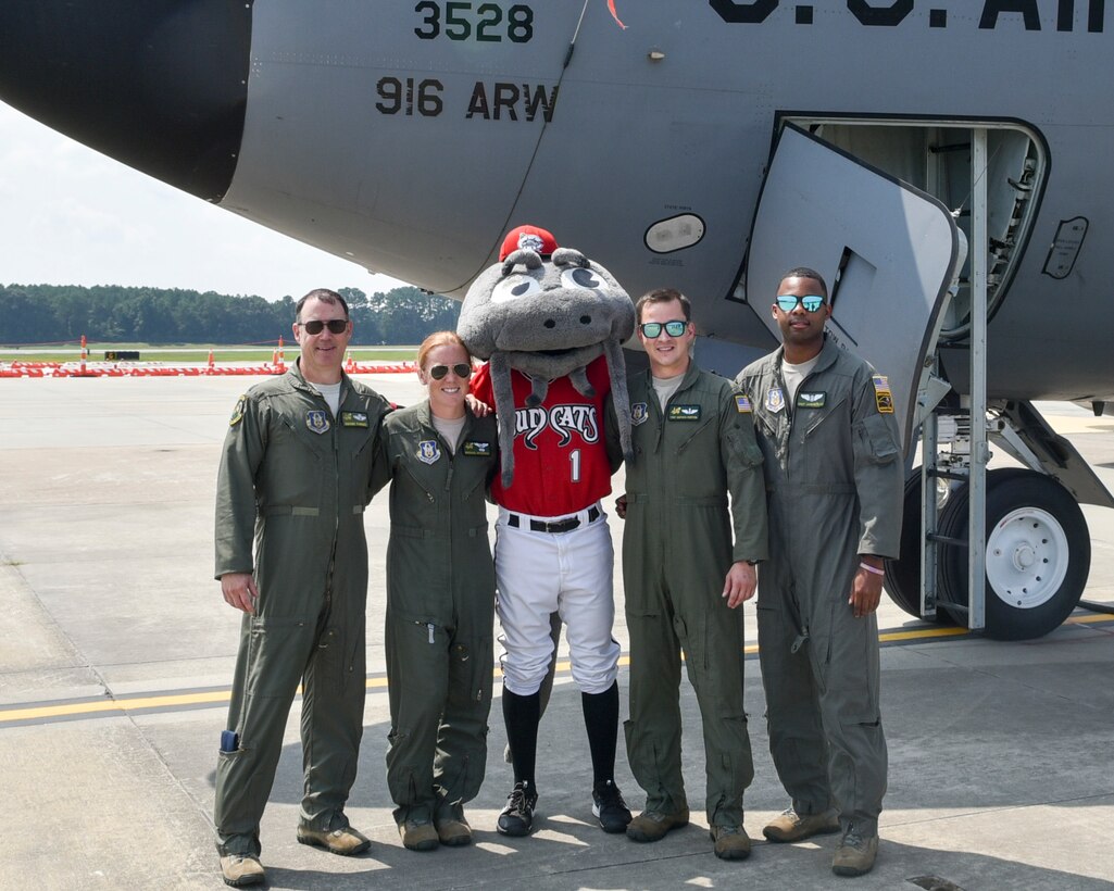 Muddy the Mudcat, the official mascot of the Carolina Mudcats flew in a KC-135R Stratotanker Thursday, Aug. 16, 2018, at Seymour Johnson Air Force Base, North Carolina. (U.S. Air Force photo by Jeramy Moore)