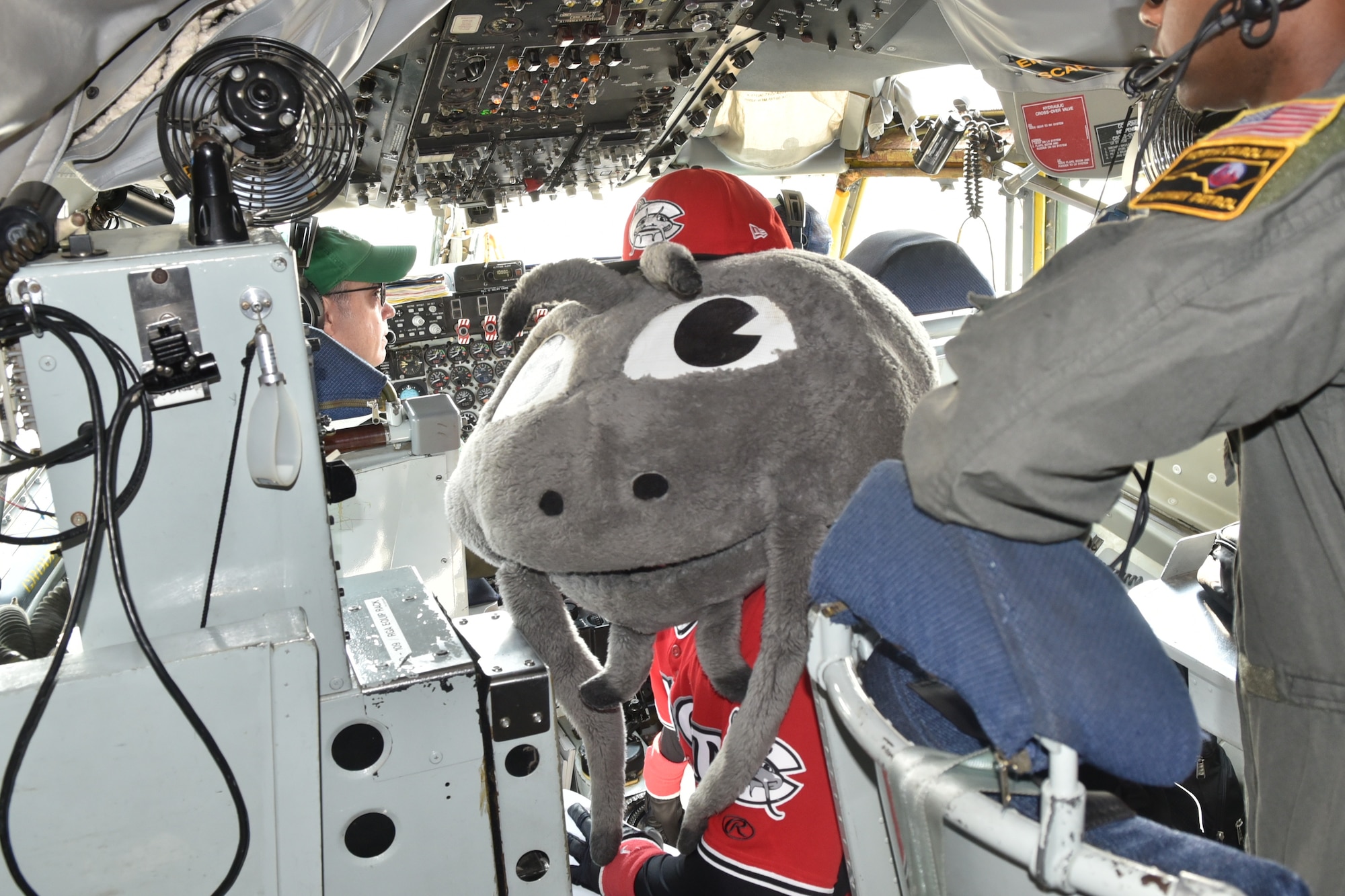 Muddy the Mudcat, the official mascot of the Carolina Mudcats flew in a 916th Air Refueling Wing  KC-135R Stratotanker Thursday, Aug. 16, 2018, at Seymour Johnson Air Force Base, North Carolina. (U.S. Air Force photo by Jeramy Moore)