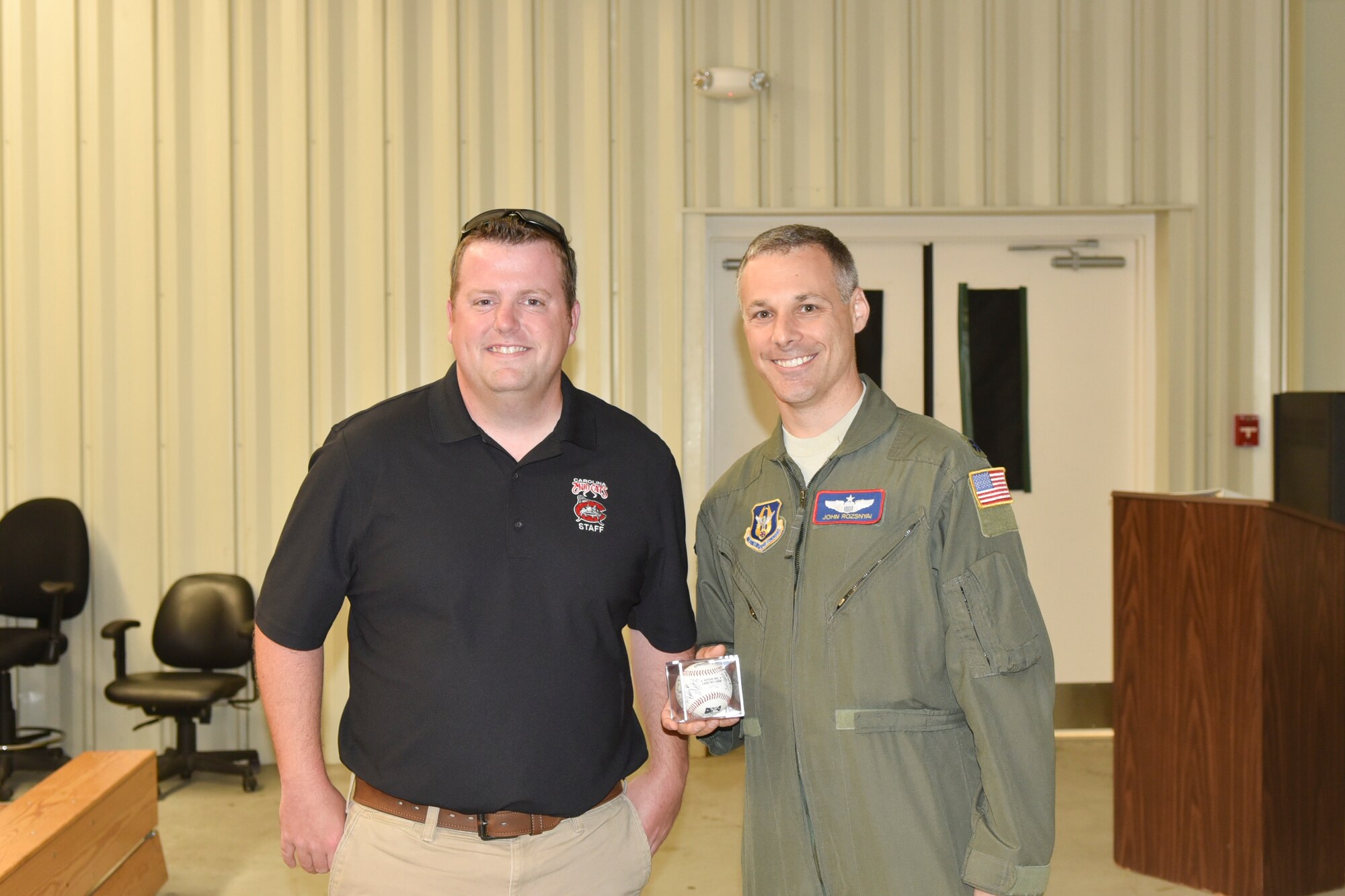 Muddy the Mudcat, the official mascot of the Carolina Mudcats flew in a 916th Air Refueling Wing  KC-135R Stratotanker Thursday, Aug. 16, 2018, at Seymour Johnson Air Force Base, North Carolina. (U.S. Air Force photo by Jeramy Moore)