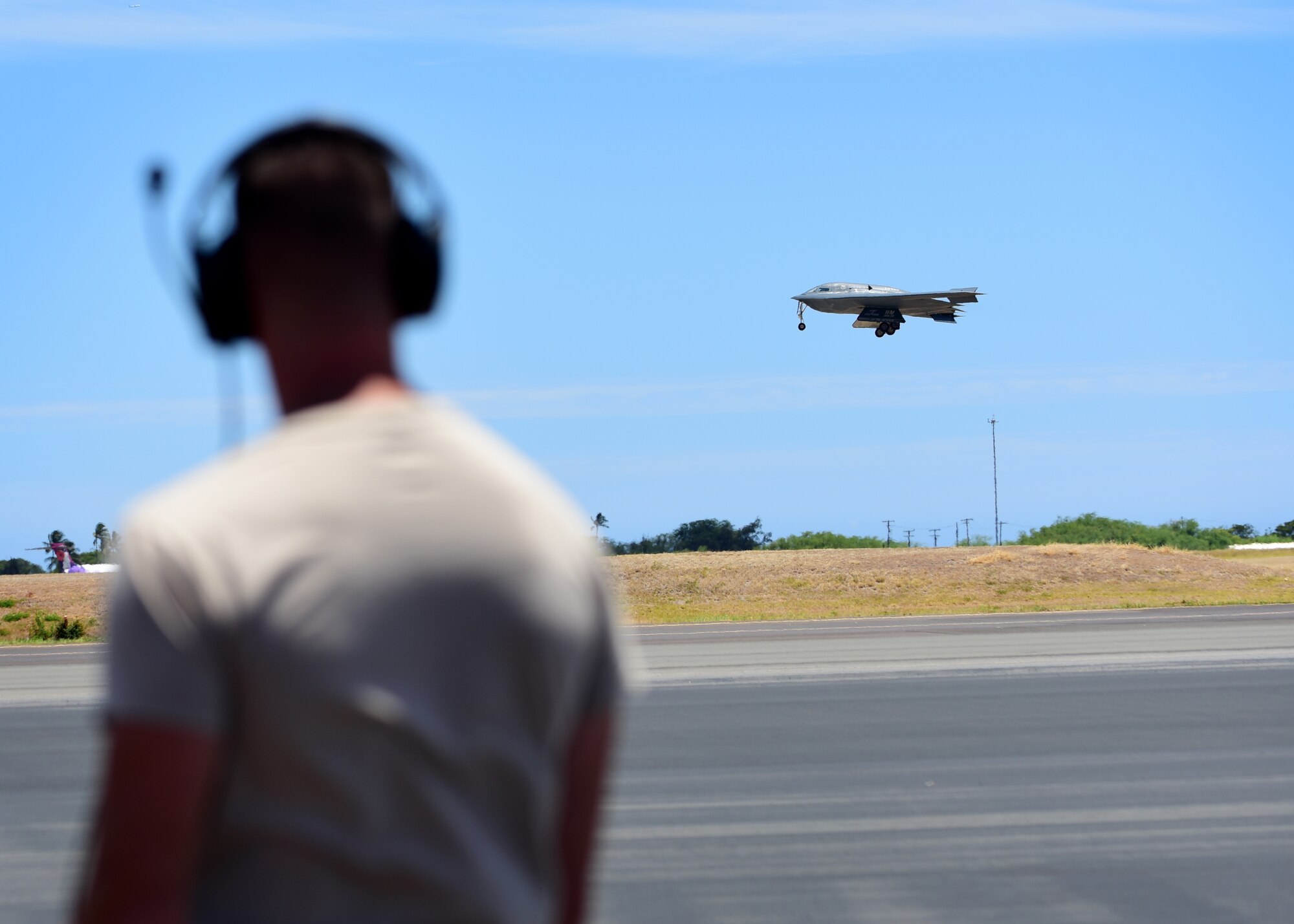 U.S. Air Force B-2 Spirits, deployed from Whiteman Air Force Base, Missouri, land at Joint Base Pearl Harbor-Hickam (JBPH-H), Hawaii, Aug. 15, 2018. B-2s regularly rotate through the Indo-Pacific region to conduct routine air operations, which integrate capabilities with key regional partners and demonstrate U.S. commitment to peace and stability in the region. These operations are in support of the U.S. Strategic Command’s Bomber Task Force deployment. (U.S. Air Force photo by Staff Sgt. Danielle Quilla)