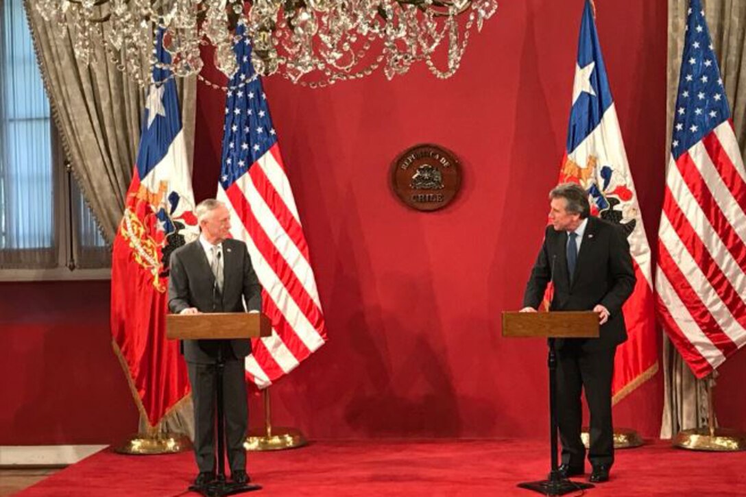 Defense Secretary James N. Mattis and Chilean Defense Minister Alberto Espina deliver remarks.