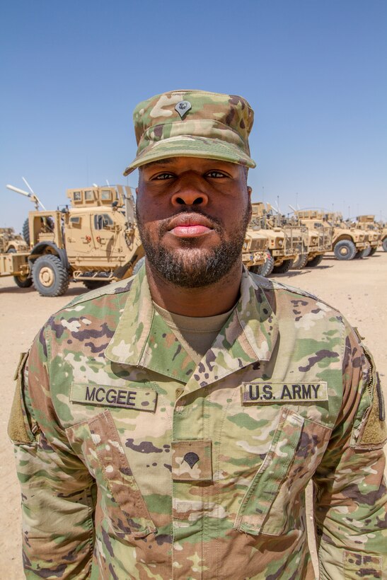 Army Spc. Marqueze McGee, a motor transport operator assigned to the Mississippi Army National Guard’s Alpha Company, 106th Brigade Support Battalion, finds time to work on his music while deployed to Camp Buehring, Kuwait, Aug. 4, 2018. Mississippi Army National Guard photo by Spc. Jovi Prevot