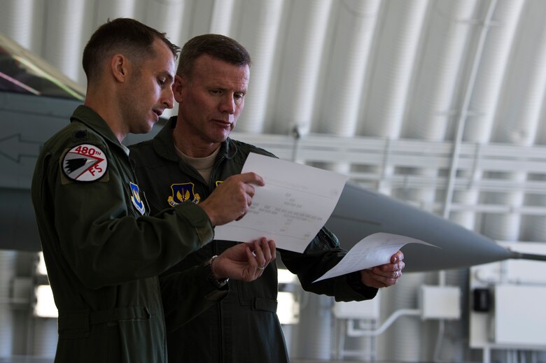 U.S. Air Force Gen. Tod D. Wolters, U.S. Air Forces in Europe-Air Forces Africa commander, speaks with Lt. Col. Michael Richard, 480th Fighter Squadron commander, in a hardened aircraft shelter at Spangdahlem Air Base, Germany, Aug. 16, 2018. Richard discussed current squadron operations and tactical capabilities. (U.S. Air Force photo by Airman 1st Class Valerie Seelye)