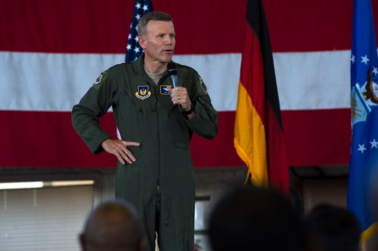 U.S. Air Force Gen. Tod D. Wolters, U.S. Air Forces in Europe-Air Forces Africa commander, speaks in Hangar 1 at Spangdahlem Air Base, Germany, Aug. 16, 2018. Wolters held an all call to discuss the importance of the F-22 Flying Training Deployment now underway, which is based at Spangdahlem. F-22 Raptors from the 95th Fighter Squadron, 325th Fighter Wing, Tyndall Air Base, Fla., are operating in the European theater for several weeks as a part of the FTD. (U.S. Air Force photo by Airman 1st Class Valerie Seelye)