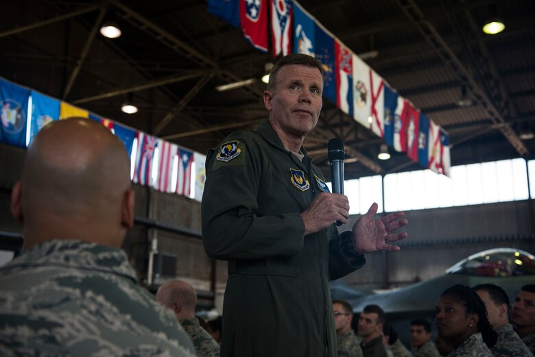 U.S. Air Force Gen. Tod D. Wolters, U.S. Air Forces in Europe-Air Forces Africa commander, speaks during an all call in Hangar 1 at Spangdahlem Air Base, Germany, Aug. 16, 2018. Wolters held an all call where he talked about the importance of the 52nd Fighter Wing’s mission. (U.S. Air Force photo by Airman 1st Class Valerie Seelye)