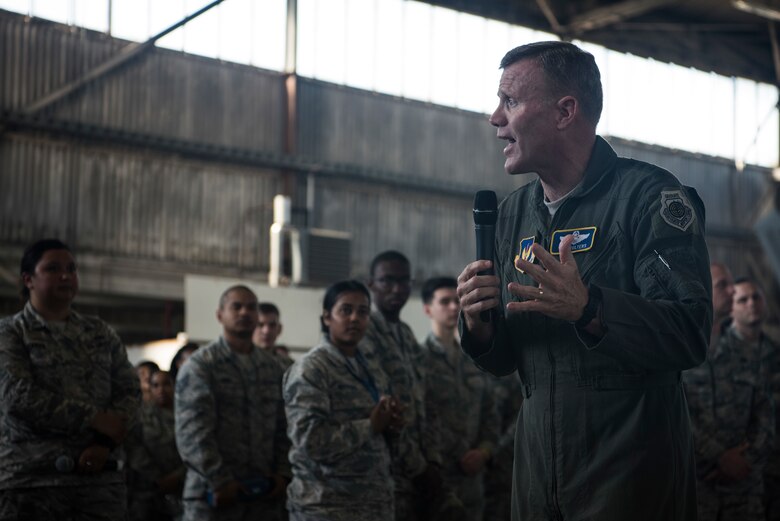 U.S. Air Force Gen. Tod D. Wolters, U.S. Air Forces in Europe-Air Forces Africa commander, speaks in Hangar 1 at Spangdahlem Air Base, Germany, Aug. 16, 2018. Wolters held an all call to discuss the importance of Spangdahlem Airmen and concluded by thanking them for the role they play in the Air Force. (U.S. Air Force photo by Airman 1st Class Valerie Seelye)