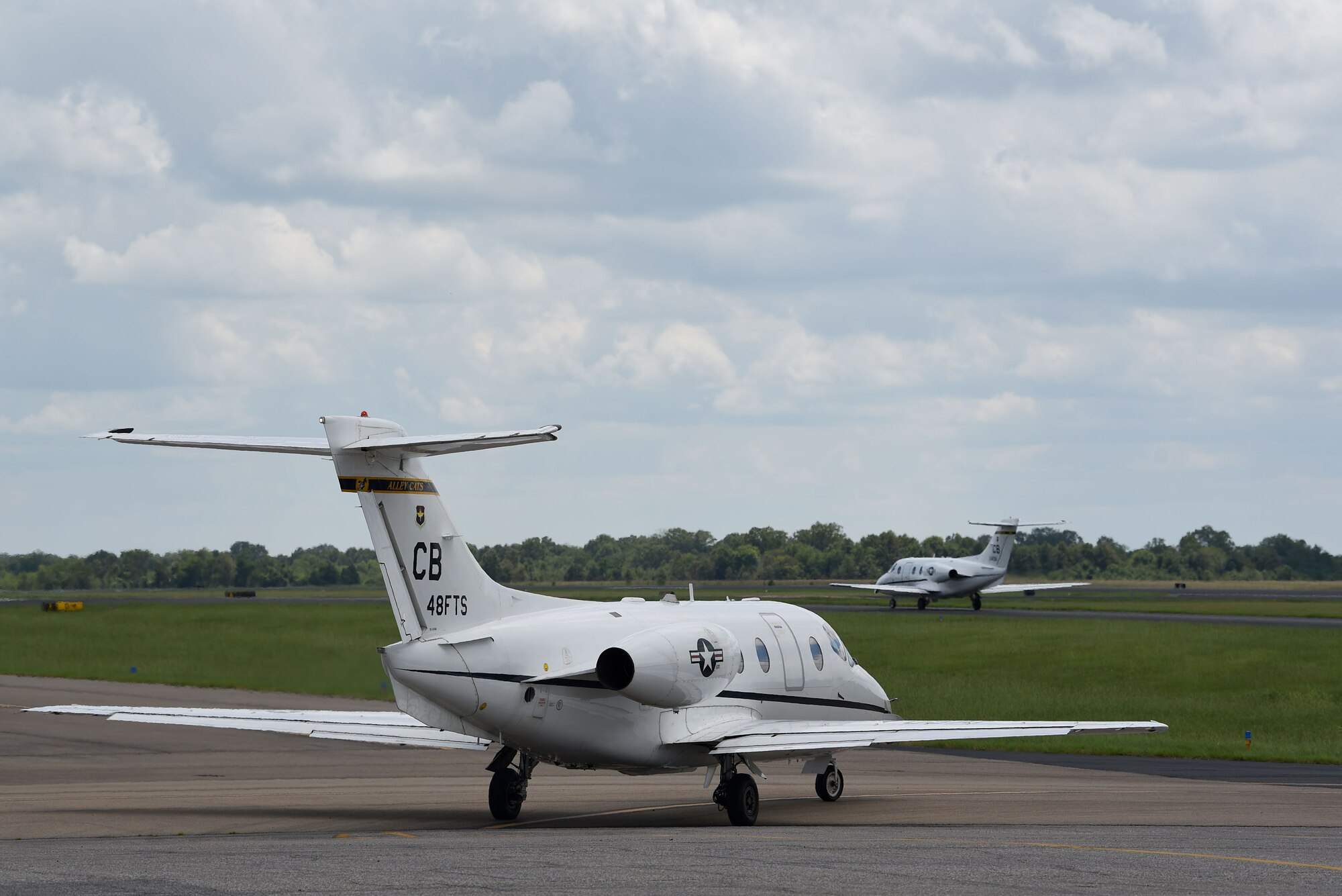 Two U.S. Air Force T-1 Jayhawk Specialized Undergraduate Pilot Training aircraft taxi before flying a training mission July 23, 2018, from the Golden Triangle Regional Airport in Columbus, Mississippi.. (U.S. Air Force photo by Airman 1st Class Keith Holcomb)