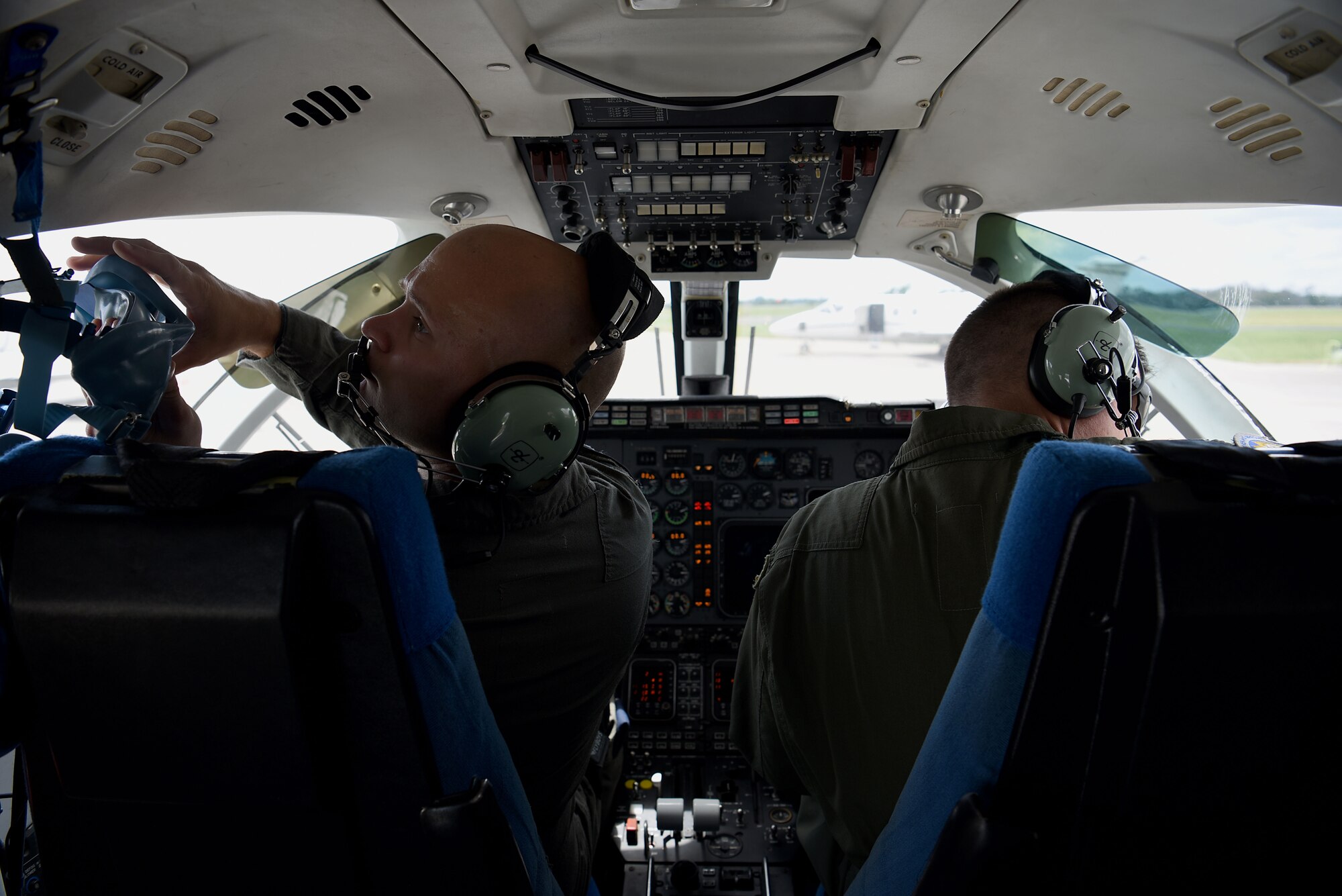 Second Lt. Tyler Laska, 48th Flying Training Squadron student pilot, and Lt. Col. Gregory Gibson, 48th FTS instructor pilot, prepare to fly a training sortie July 23, 2018, from the Golden Triangle Regional Airport in Columbus, Mississippi. (U.S. Air Force photo by Airman 1st Class Keith Holcomb)