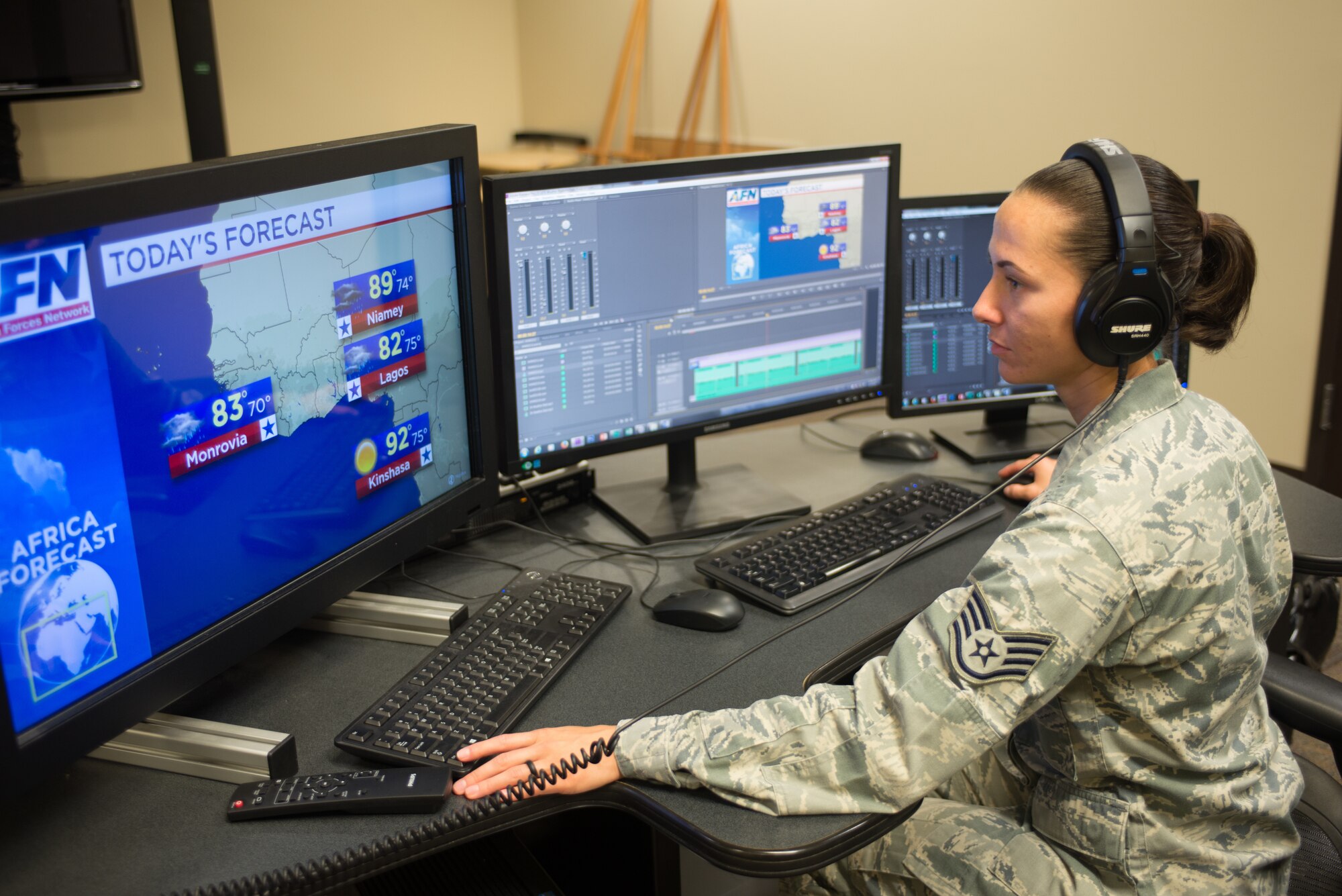Staff Sgt. Nikitta Oakley, 2nd Weather Squadron weather craftsman, prepares an Africa weather forecast animation in the American Forces Network Weather Center (AFNWC) Aug. 9, 2018, at Offutt Air Force Base, Nebraska. The AFNWC provides daily forecasts for 85 locations around the world. (U.S. Air Force photo by Paul Shirk)