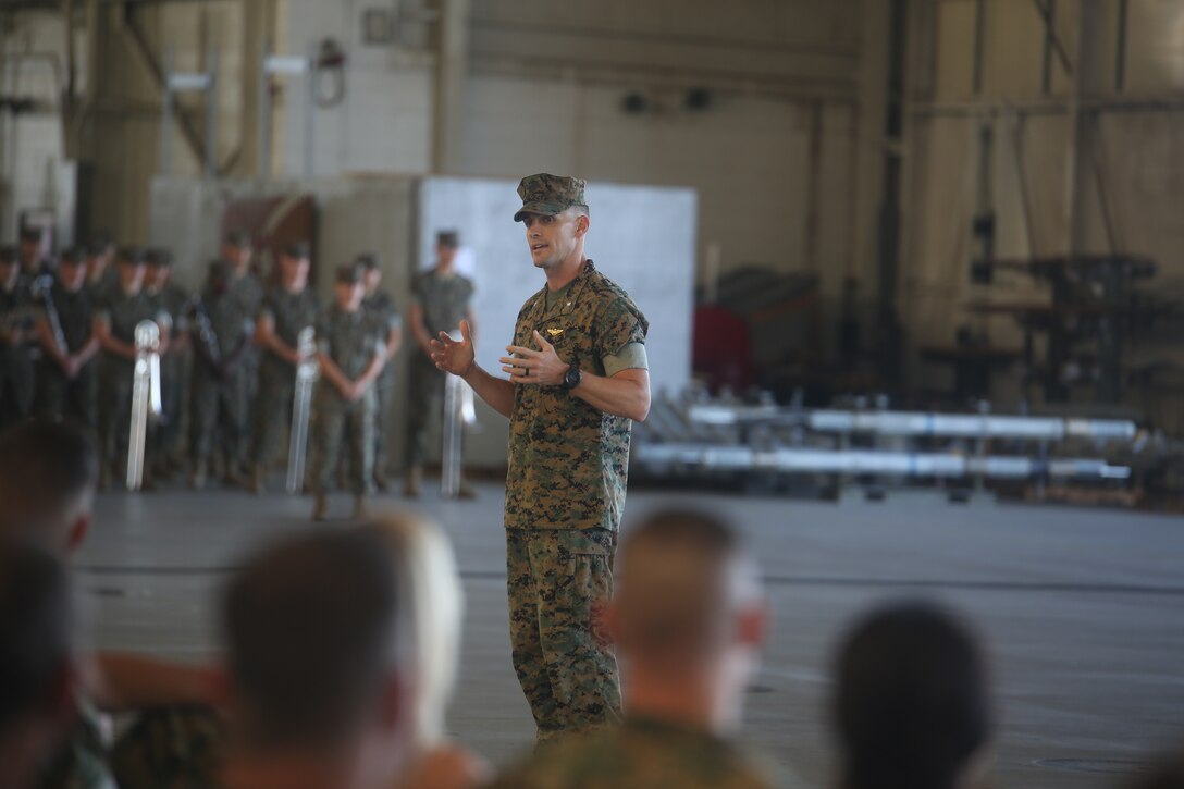 Lt. Col. Steven B. Bowden speaks to the audience during the Marine Fighter Attack Squadron 312 change of command ceremony aboard Marine Corps Air Station Beaufort, Aug. 10. During the ceremony, Lt. Col. Benedict G. Buerke relinquished command of VMFA-312 to Bowden.