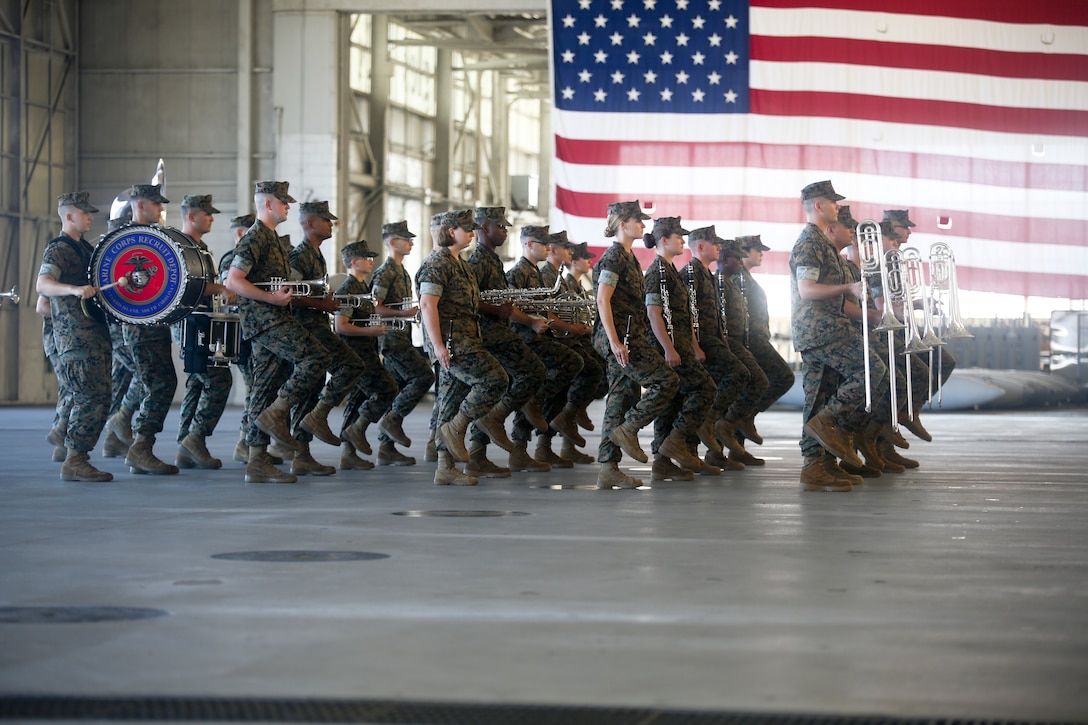 The Parris Island Marine Corps Band performs during a change of command ceremony aboard Marine Corps Air Station Beaufort Aug. 10. The Parris Island Marine Corps Band’s primary mission is to provide musical support for recruit graduations
and other military ceremonies and events.