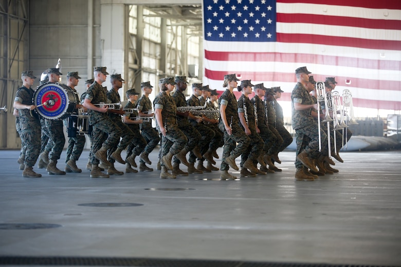 The Parris Island Marine Corps Band performs during a change of command ceremony aboard Marine Corps Air Station Beaufort Aug. 10. The Parris Island Marine Corps Band’s primary mission is to provide musical support for recruit graduations and other military ceremonies and events.