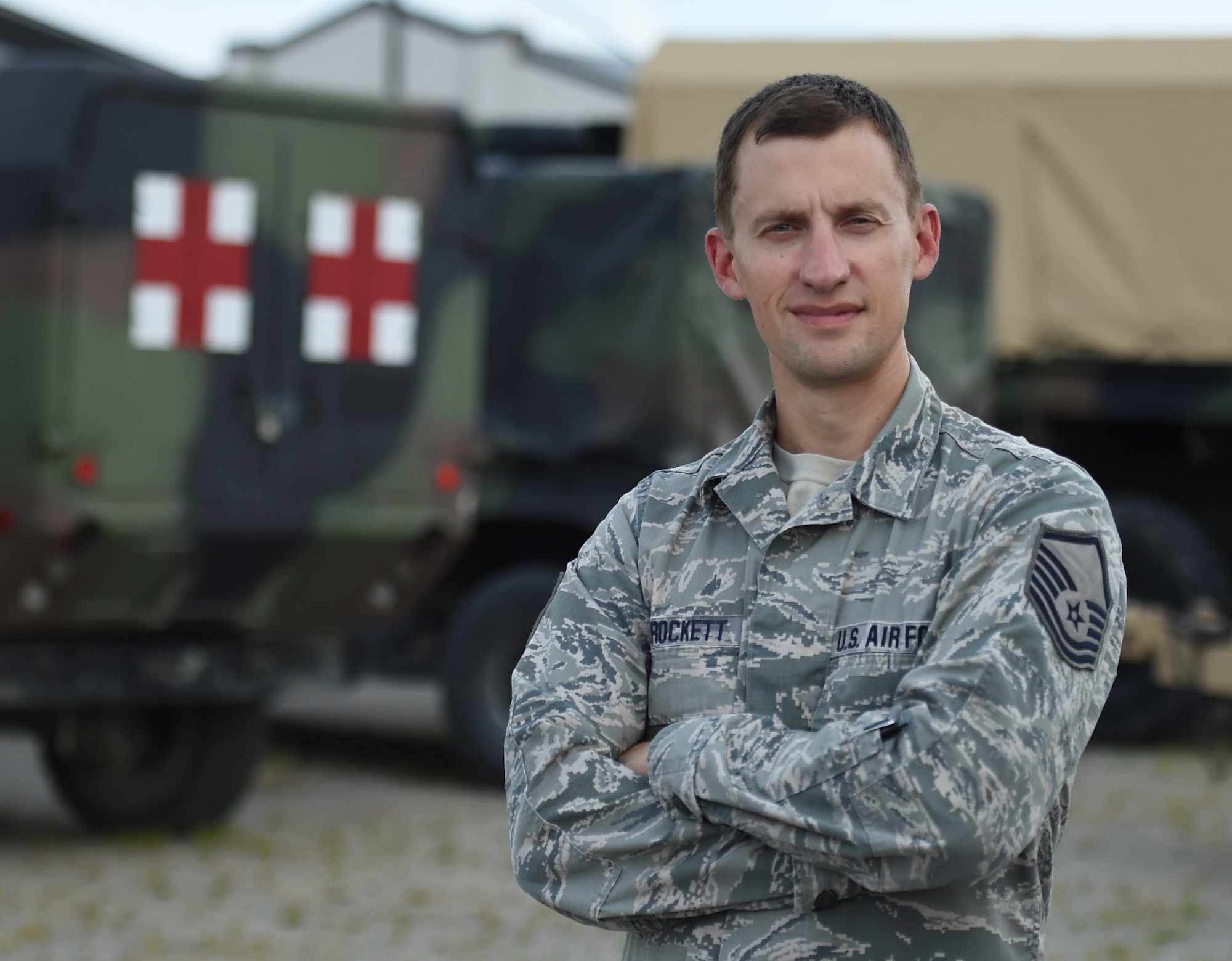 U.S. Air National Guard Master Sgt. Davy Crockett, 132d Medical Group laboratory NCOIC, poses for a portrait on August 16, 2018, at Camp Dodge in Johnston, Iowa. Crockett is a direct descendent of the historical individual. (U.S. Air National Guard photo by Staff Sgt. Michael J. Kelly)