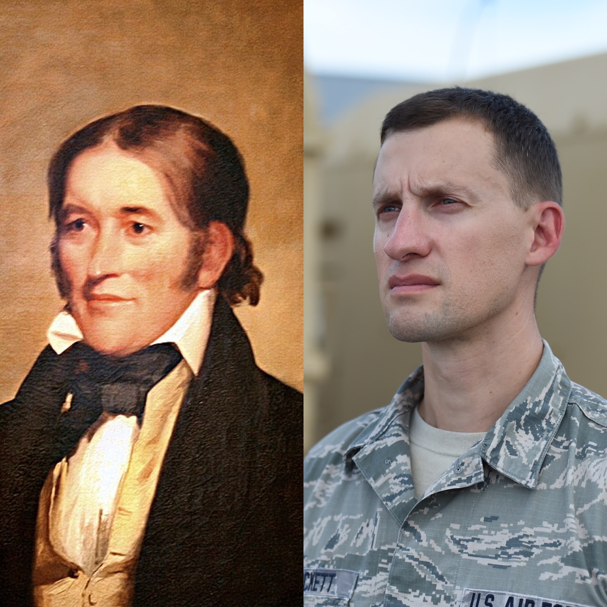 U.S. Air National Guard Master Sgt. Davy Crockett, 132d Medical Group laboratory NCOIC, shares a resemblance with his ancestor Davy Crockett's 1834 painting by Chester Harding. (U.S. Air National Guard illustration by Staff Sgt. Michael J. Kelly, Courtesy image by Cliff1066)