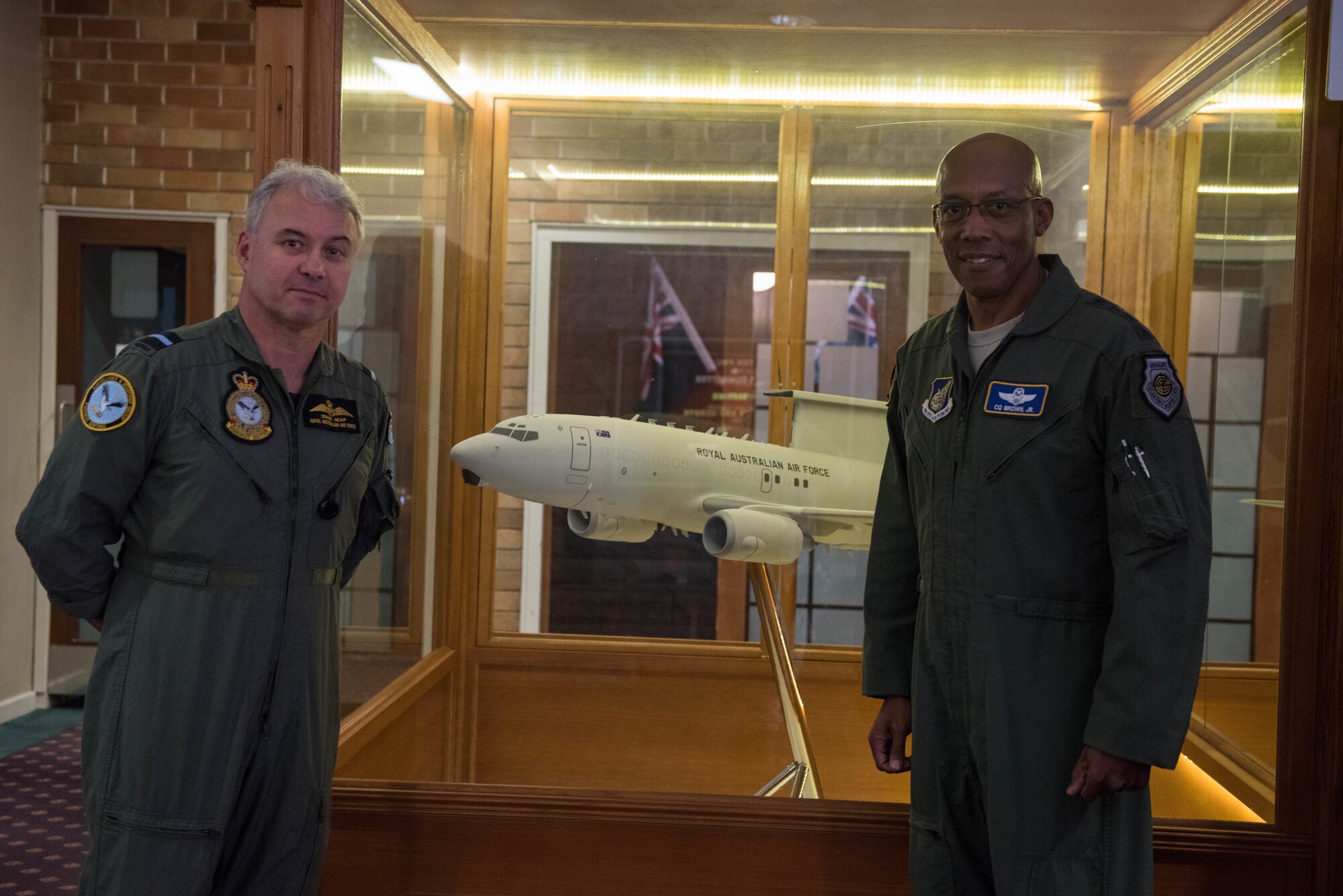 Gen. CQ Brown, Jr., Pacific Air Forces commander, poses for a photo with Air Commodore Craig Heap, commander Surveillance Response Group, after a meeting at Royal Australian Air Force Base Williamtown, Australia, Aug. 9, 2018. This was Brown’s first trip to the region since taking command on July 26, 2018. (U.S. Air Force photo by Staff Sgt. Hailey Haux)