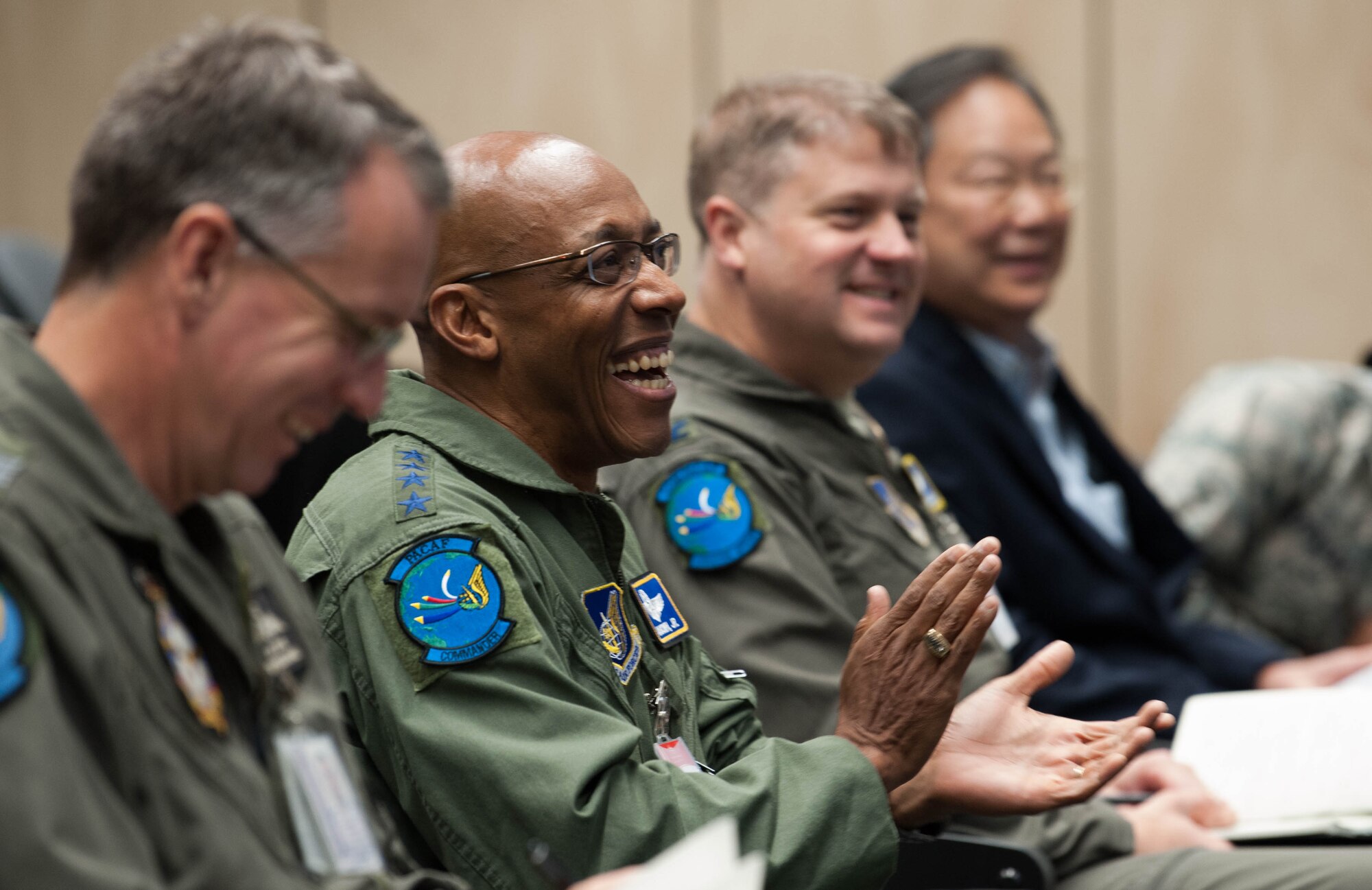 Gen. CQ Brown, Jr., Pacific Air Forces commander, attends a briefing by Air Commodore Rob Chipman, General Capability Planning director, at Royal Australian Air Force (RAAF) Base, Williamtown, Ausltralia, Aug. 9, 2018. His first trip to the region since taking command on July 26, 2018, Brown also met with key defense and military leaders in Canberra and RAAF Bases Tindal and Darwin to see first-hand the strength of the U.S.-Australia alliance and discuss opportunities to ensure a free and open Indo-Pacific region. (U.S. Air Force photo by Staff Sgt. Hailey Haux)