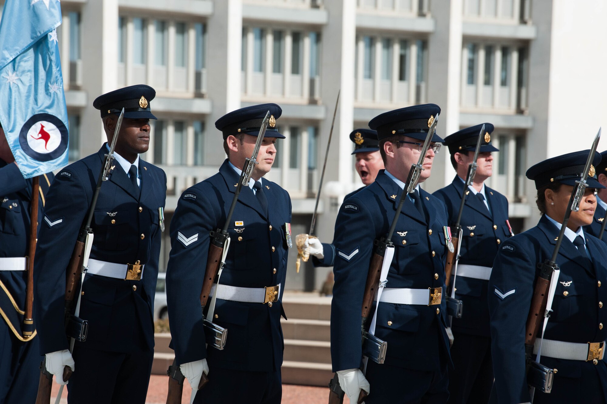 Members from Australia’s Federation Guard and the band prepare for the Honor Guard Ceremony to welcome Gen. CQ Brown, Jr., Pacific Air Forces commander, upon his arrival to the Russell Offices, Canberra, Australia, Aug. 10, 2018. His first trip to the region since taking command on July 26, 2018, Brown met with key defense and military leaders in Canberra and Royal Australian Air Force Bases Williamtown, Tindal and Darwin to see first-hand the strength of the U.S.-Australia alliance and discuss opportunities to ensure a free and open Indo-Pacific region. (U.S. Air Force photo by Staff Sgt. Hailey Haux)
