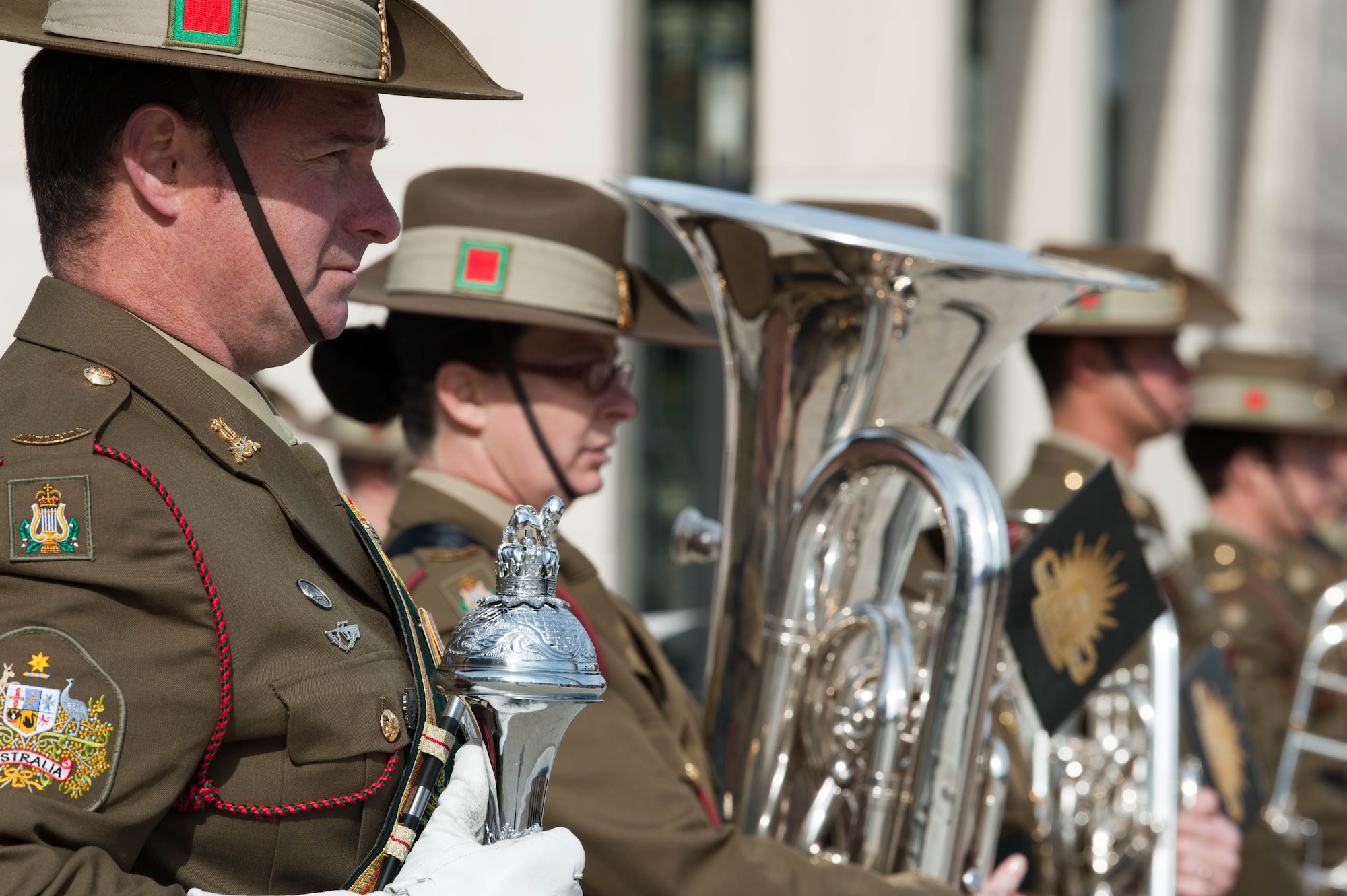 Members from Australia’s Federation Guard and the band prepare for the Honor Guard Ceremony to welcome Gen. CQ Brown, Jr., Pacific Air Forces commander, upon his arrival to the Russell Offices, Canberra, Australia, Aug. 10, 2018. His first trip to the region since taking command on July 26, 2018, Brown met with key defense and military leaders in Canberra and Royal Australian Air Force Bases Williamtown, Tindal and Darwin to see first-hand the strength of the U.S.-Australia alliance and discuss opportunities to ensure a free and open Indo-Pacific region. (U.S. Air Force photo by Staff Sgt. Hailey Haux)