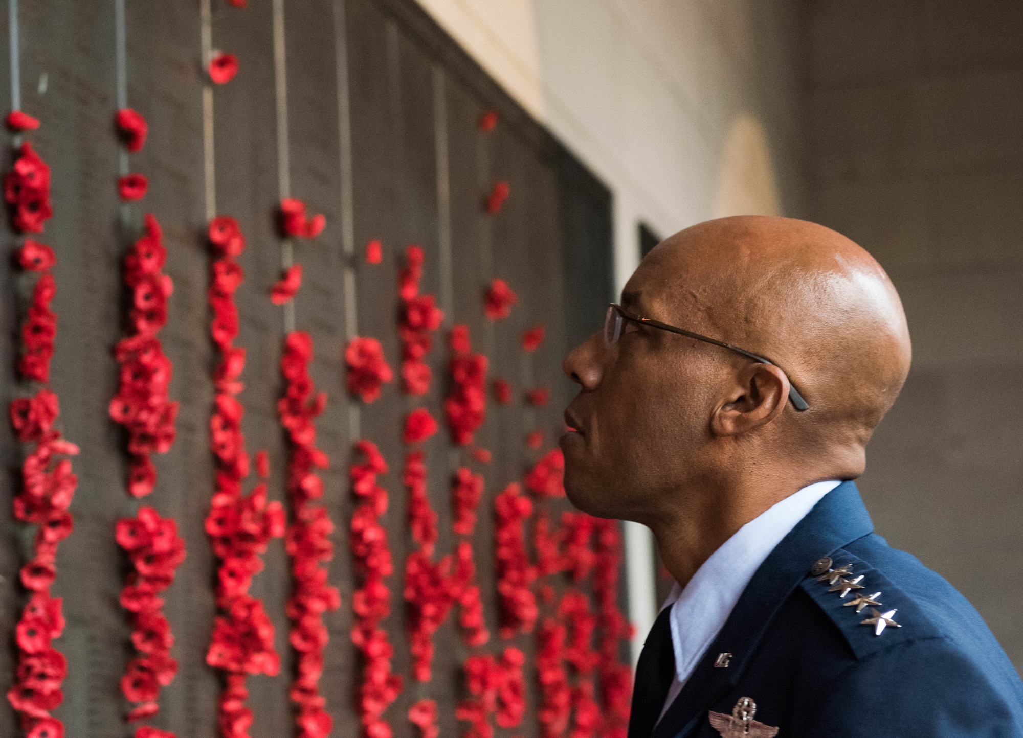 Gen. CQ Brown, Jr., Pacific Air Forces commander, walks around the Australia War Memorial before a “Last Post” ceremony in Canberra, Australia, Aug. 11, 2018. The ceremony was held to honor Pvt. Robert Young of the Australian Army, who fought in World War II and died March 21, 1944. (U.S. Air Force photo by Staff Sgt. Hailey Haux)
