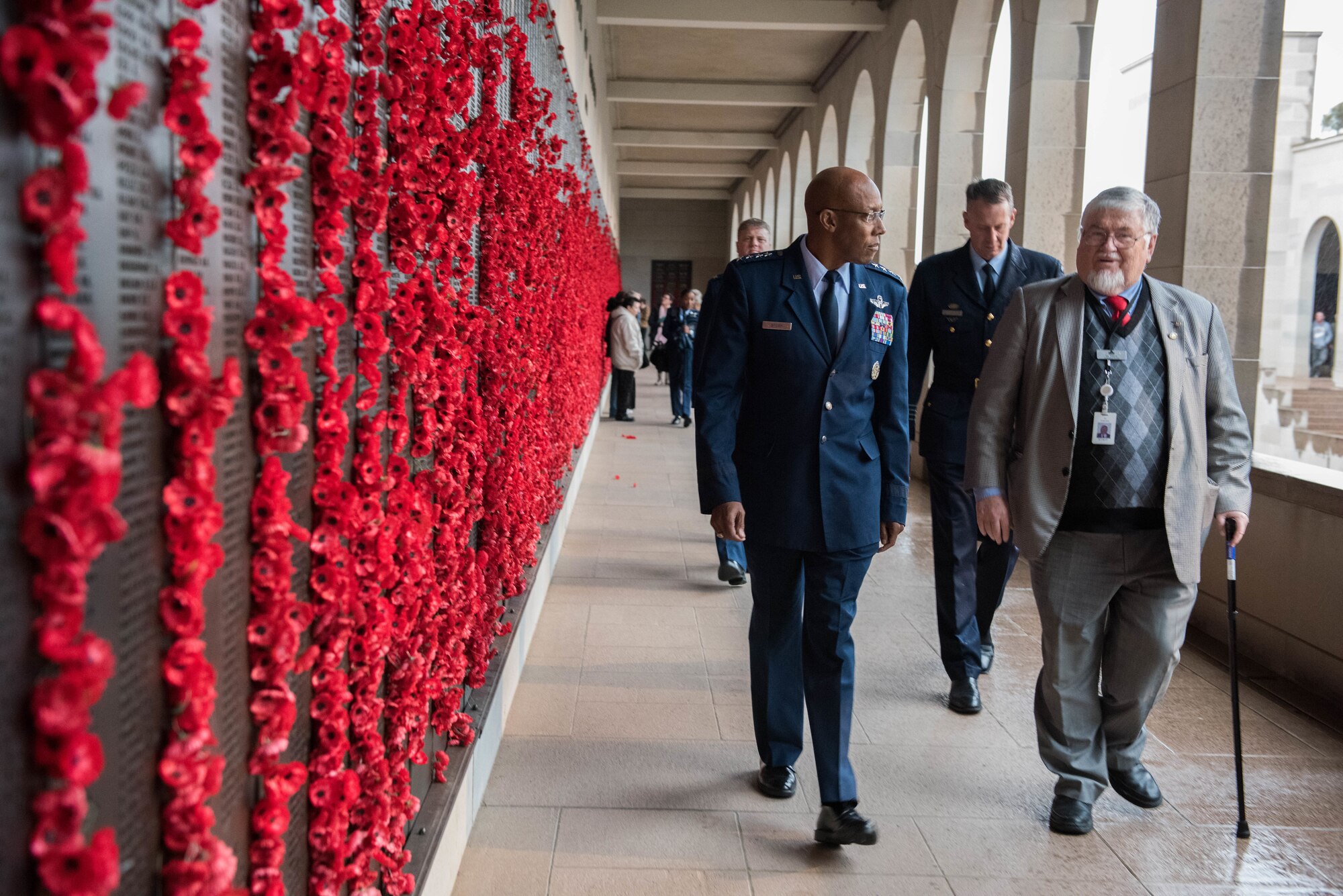 Gen. CQ Brown, Jr., Pacific Air Forces commander, walks around the Australia War Memorial before a “Last Post” ceremony in Canberra, Australia, Aug. 11, 2018. The ceremony was held to honor Pvt. Robert Young of the Australian Army, who fought in World War II and died March 21, 1944. (U.S. Air Force photo by Staff Sgt. Hailey Haux)