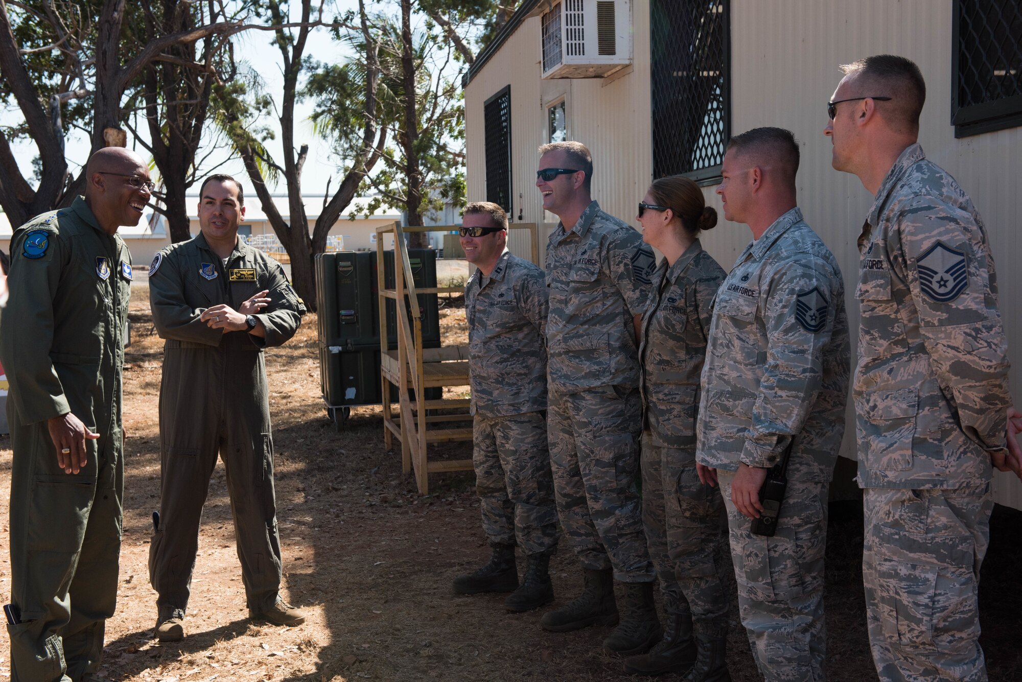 Gen. CQ Brown, Jr., Pacific Air Forces commander, meets with Airmen deployed from the 80th Fighter Squadron, Kunsan Air Base, Republic of Korea, participating in Exercise Pitch Black 18 at Royal Australian Air Force Base Darwin, Australia, Aug. 13, 2018. The United States is among 15 other nations participating in the biennial multinational large force employment exercise hosted by the RAAF.  (U.S. Air Force photo by Staff Sgt. Hailey Haux)