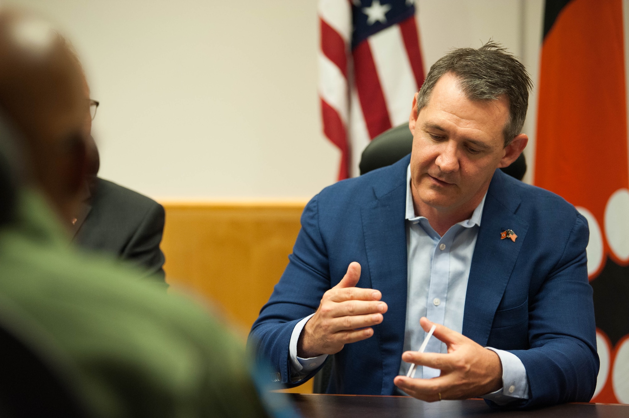 Gen. Q Brown, Jr., Pacific Air Forces commander, meets with the Michael Patrick Francis Gunner, the Northern Territory chief minister, at Parliament building in Darwin, Australia, Aug. 13, 2018. During the briefing, the two discussed ongoing military operations within the Northern Territory and the importance of the U.S.-Australian alliance.  (U.S. Air Force photo by Staff Sgt. Hailey Haux)