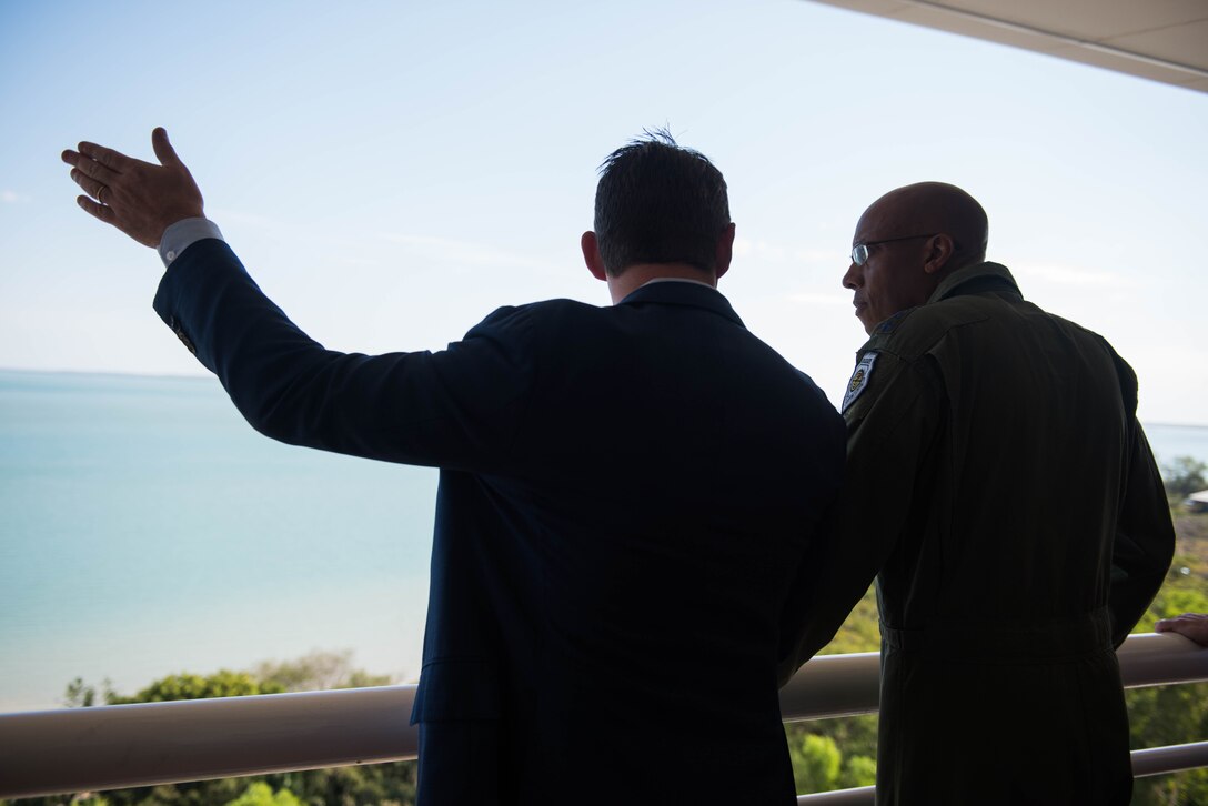 Gen. Q Brown, Jr., Pacific Air Forces commander, meets with the Michael Patrick Francis Gunner, the Northern Territory chief minister, at Parliament building in Darwin, Australia, Aug. 13, 2018. During the briefing, the two discussed ongoing military operations within the Northern Territory and the importance of the U.S.-Australian alliance.  (U.S. Air Force photo by Staff Sgt. Hailey Haux)