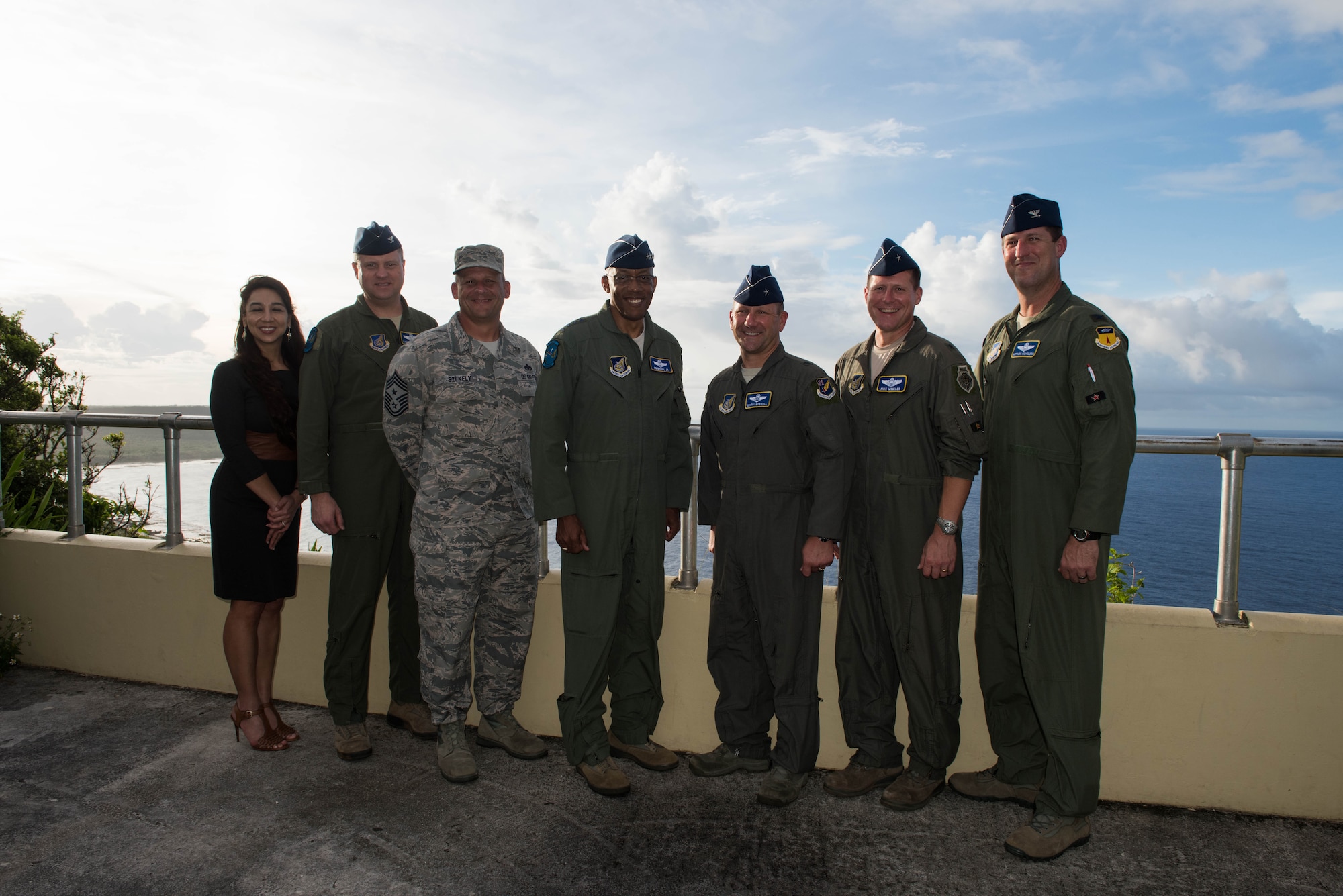 Gen. CQ Brown, Jr. (center), Pacific Air Forces commander, takes a photo with Brig. Gen. Gentry Boswell, 36th Wing commander, and members of his team during a brief tour of Anderson Air Force Base, Guam, Aug. 14, 2018. During the tour, Boswell highlighted the ongoing construction projects occurring throughout the base to enhance its role as a power projection platform. (U.S. Air Force photo by Staff Sgt. Hailey Haux)