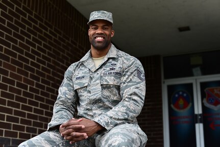 U.S. Air Force Tech. Sgt. Isaac M. Dobson sits outside the activities center where he trains to make his professional bodybuilding debut after placing 4th, 1st, and runner-up in recent competitions that earned him his Pro Card.  Dobson is a Security Forces specialist serving on a developmental duty assignment as an NCO Academy instructor at the Chief Master Sergeant Paul H. Lankford Enlisted Professional Military Education Center in East Tennessee.