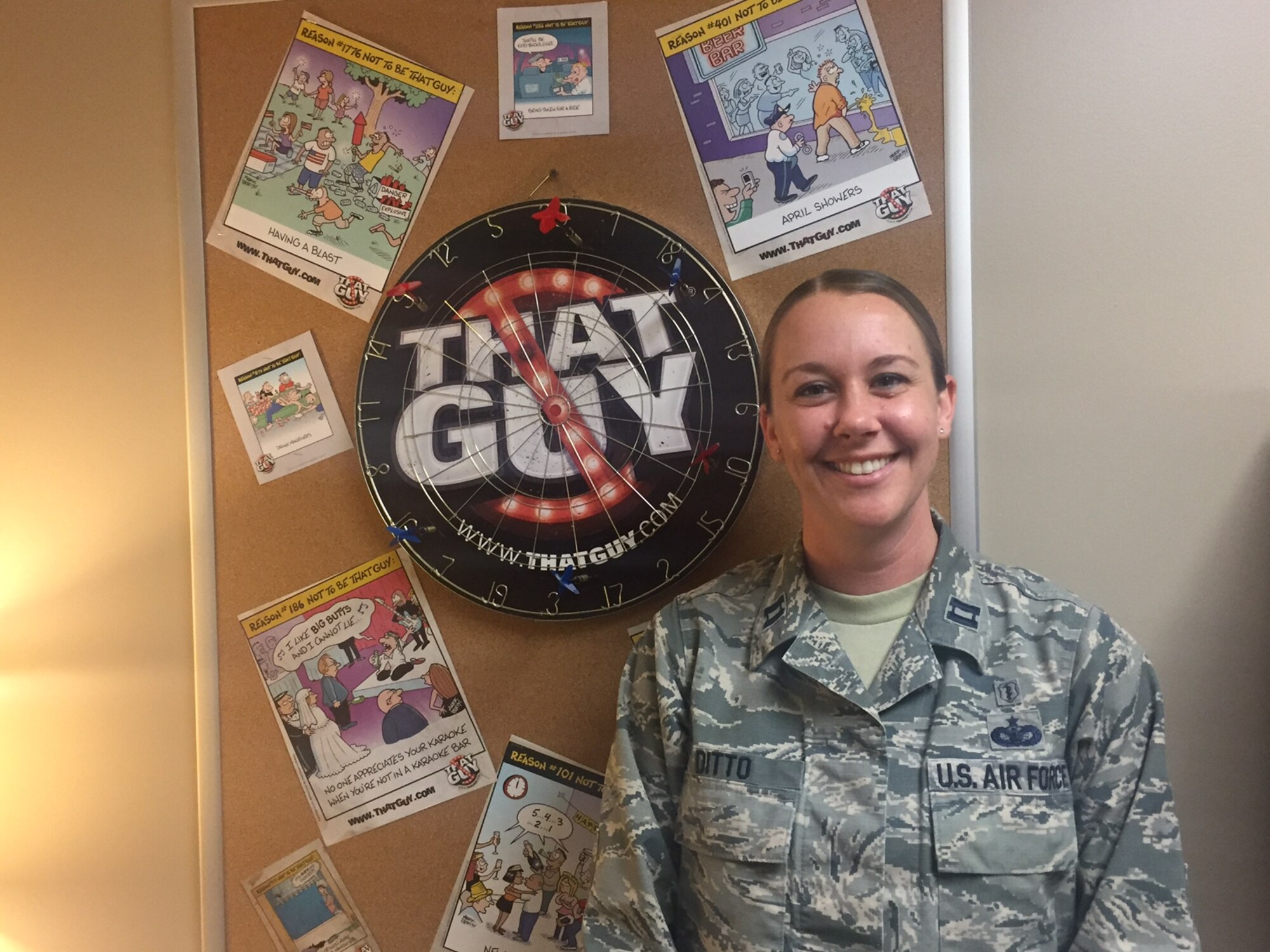 Capt. Crystal Ditto, licensed clinical social worker, Alcohol and Drug Abuse Prevention and Treatment Program manager and Intensive Outpatient Program manager at Wright-Patterson Air Force Base, offers healthy ways to cope with stress. “That Guy” is the Department of Defense’s resource for responsible drinking for military service members. (Skywrighter photo/Amy Rollins)