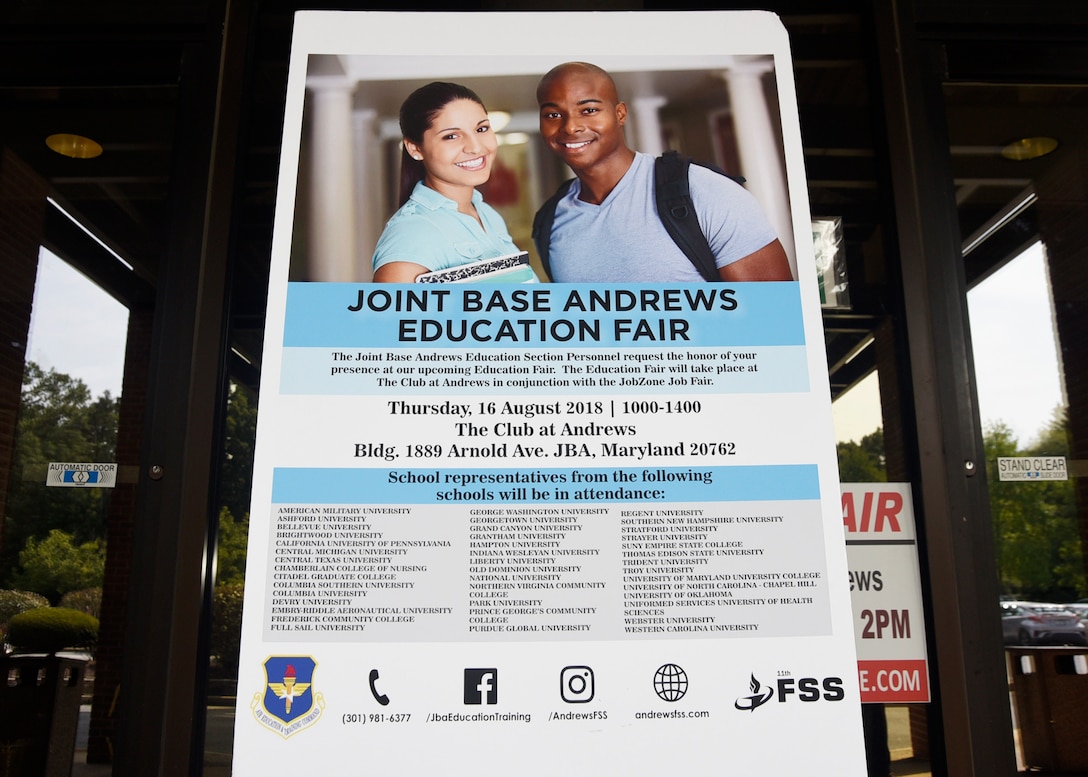 An education fair informational poster is placed outside The Club at Joint Base Andrews, Md., Aug. 16, 2018. Over 30 colleges and universities were represented at the event. (U.S. Air Force photo by Senior Airman Abby L. Richardson)