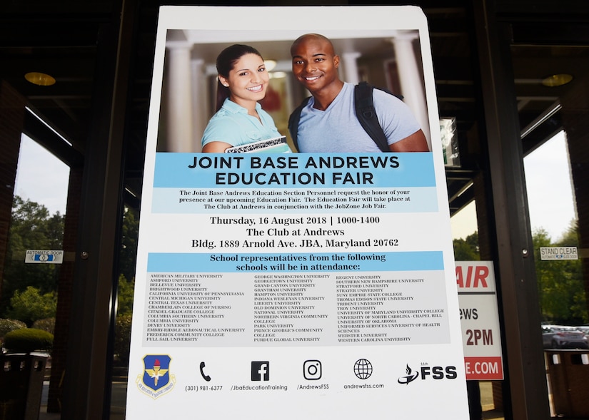 An education fair informational poster is placed outside The Club at Joint Base Andrews, Md., Aug. 16, 2018. Over 30 colleges and universities were represented at the event. (U.S. Air Force photo by Senior Airman Abby L. Richardson)