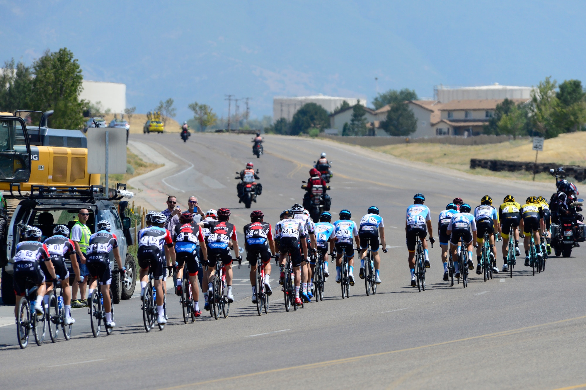 The peloton during stage 3 of the 2018 Tour of Utah road race Aug. 9, 2018, at Hill Air Force Base, Utah. The Tour of Utah is one of the top professional cycling events in the country and showcases some of the world’s best teams and cyclists. Stage 3 of the multiday race took riders on a 116-mile route from Antelope Island to Layton and included a loop through the installation. (U.S. Air Force photo by David Perry)