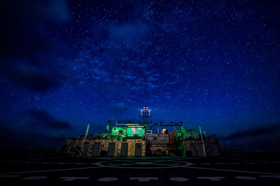 A navy ship crosses the Black Sea under star cover.