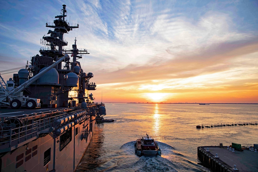 The amphibious assault ship USS Kearsarge returns to homeport at Naval Station Norfolk.