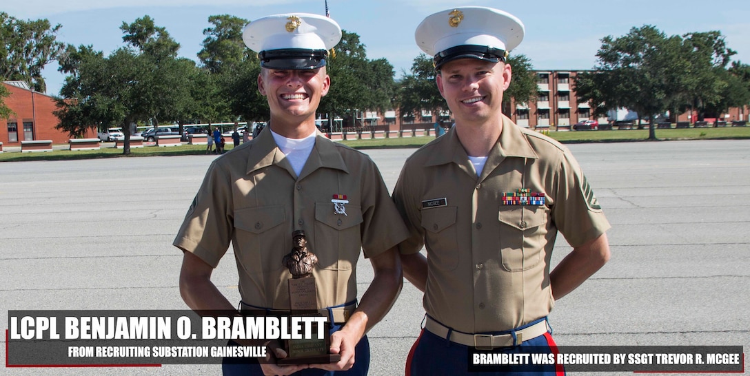 Lance Corporal Benjamin Bramblett completed Marine Corps recruit training as the company honor graduate of Platoon 3056, Company I, 3rd Battalion, Recruit Training Regiment, aboard Marine Corps Recruit Depot Parris Island, South Carolina, August 17, 2018. Bramblett was recruited by Staff Sergeant Trevor McGee from Recruiting Substation Gainesville. (U.S. Marine Corps photo by Lance Cpl. Jack A. E. Rigsby)