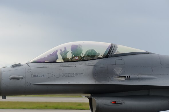 A 457th Fighter Squadron pilot taxis toward the runway Aug. 10, 2018, at Eielson Air Force Base, Alaska. The 457th FS, from Naval Air Station Fort Worth Joint Reserve Base, Texas, is one of the visiting units for RED FLAG-Alaska 18-3. (U.S. Air Force photo by Airman Aaron Guerrisky)