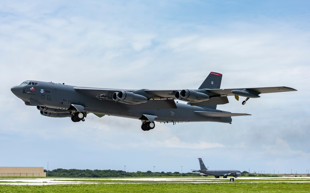 A U.S. Air Force B-52H Stratofortress bomber takes off from Andersen Air Force Base, Guam, on a higher headquarters-directed Continuous Bomber Presence mission in support of exercise Pitch Black 18 in Australia's Northern Territory Aug. 6, 2018 (HST). Bilateral training between the United States and allies like Australia increases interoperability and strengthens our long-standing military-to-military partnerships. (U.S. Air Force photo by Airman 1st Class Christopher Quail)