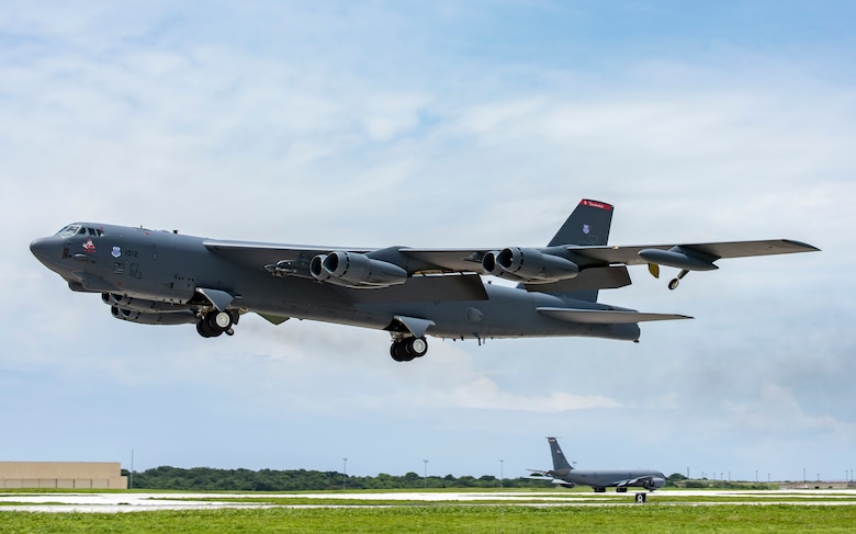 A U.S. Air Force B-52H Stratofortress bomber takes off from Andersen Air Force Base, Guam, on a higher headquarters-directed Continuous Bomber Presence mission in support of exercise Pitch Black 18 in Australia's Northern Territory Aug. 6, 2018 (HST). Bilateral training between the United States and allies like Australia increases interoperability and strengthens our long-standing military-to-military partnerships. (U.S. Air Force photo by Airman 1st Class Christopher Quail)