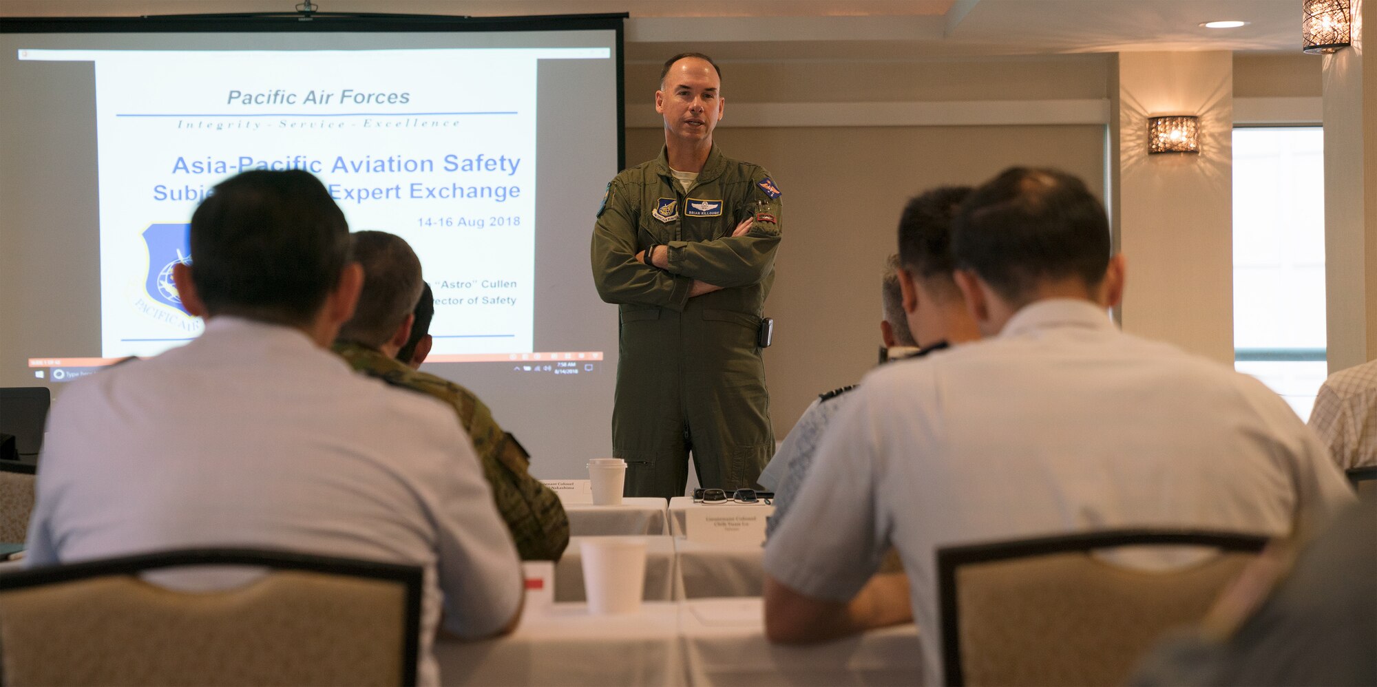 U.S. Air Force Maj. Gen. Brian M. Killough, Chief of Staff, Pacific Air Forces, provides opening remarks for the Asia-Pacific Aviation Safety Subject Matter Expert Exchange (APASS) in Honolulu, Hawaii, Aug. 14, 2018. APASS allows partner nations in the Indo-Pacific to discuss aviation safety practices and devise solutions to challenges faced by the various air forces. (U.S. Air Force photo by Staff Sgt. Daniel Robles)