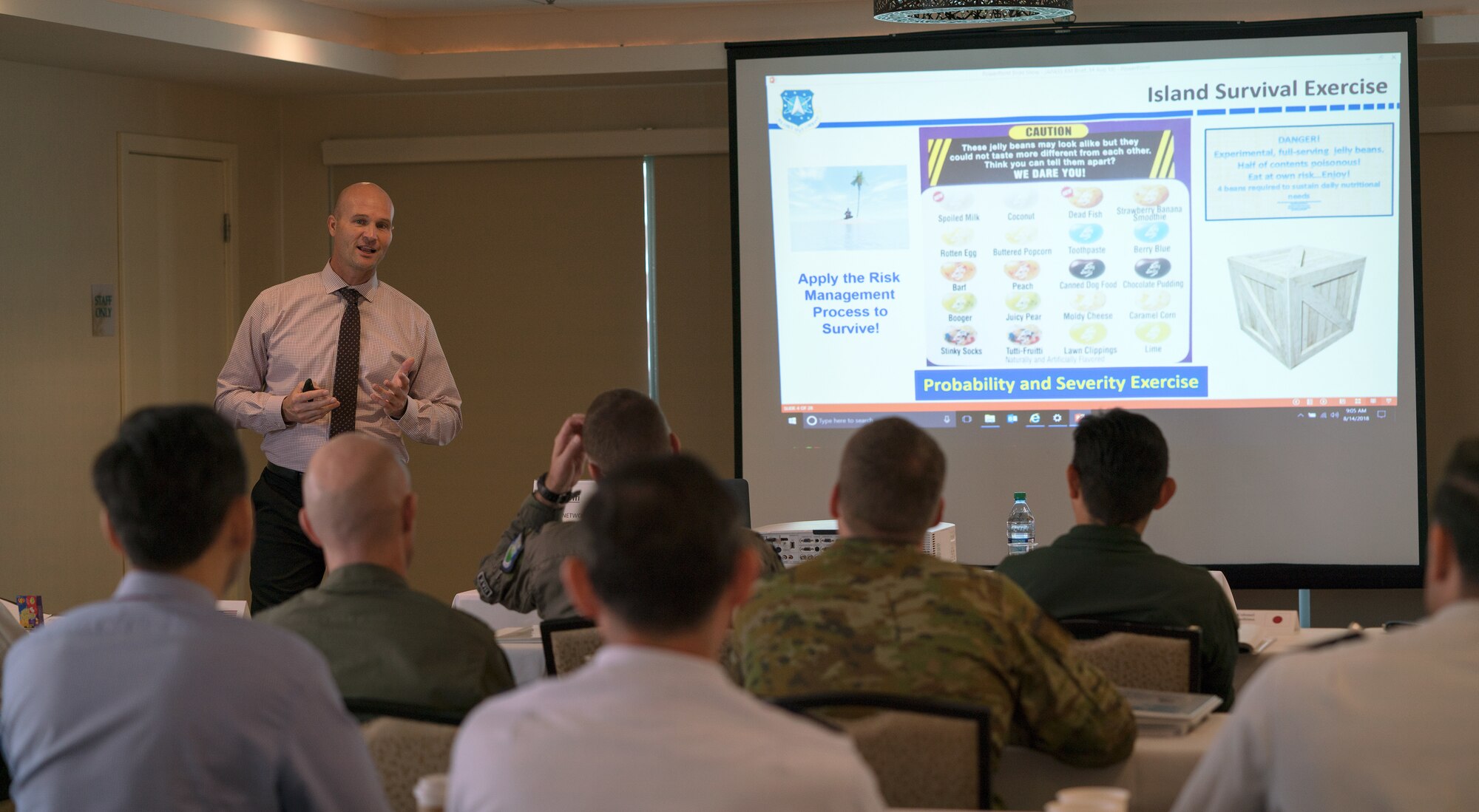 Darron Haughn, Chief of Aviation Safety, Air Force Space Command, gives a presentation about resource and risk management at the Asia-Pacific Aviation Safety Subject Matter Expert Exchange (APASS) in Honolulu, Hawaii, Aug. 14, 2018. APASS allows partner nations in the Indo-Pacific to discuss aviation safety practices and devise solutions to challenges faced by the various air forces. (U.S. Air Force photo by Staff Sgt. Daniel Robles)