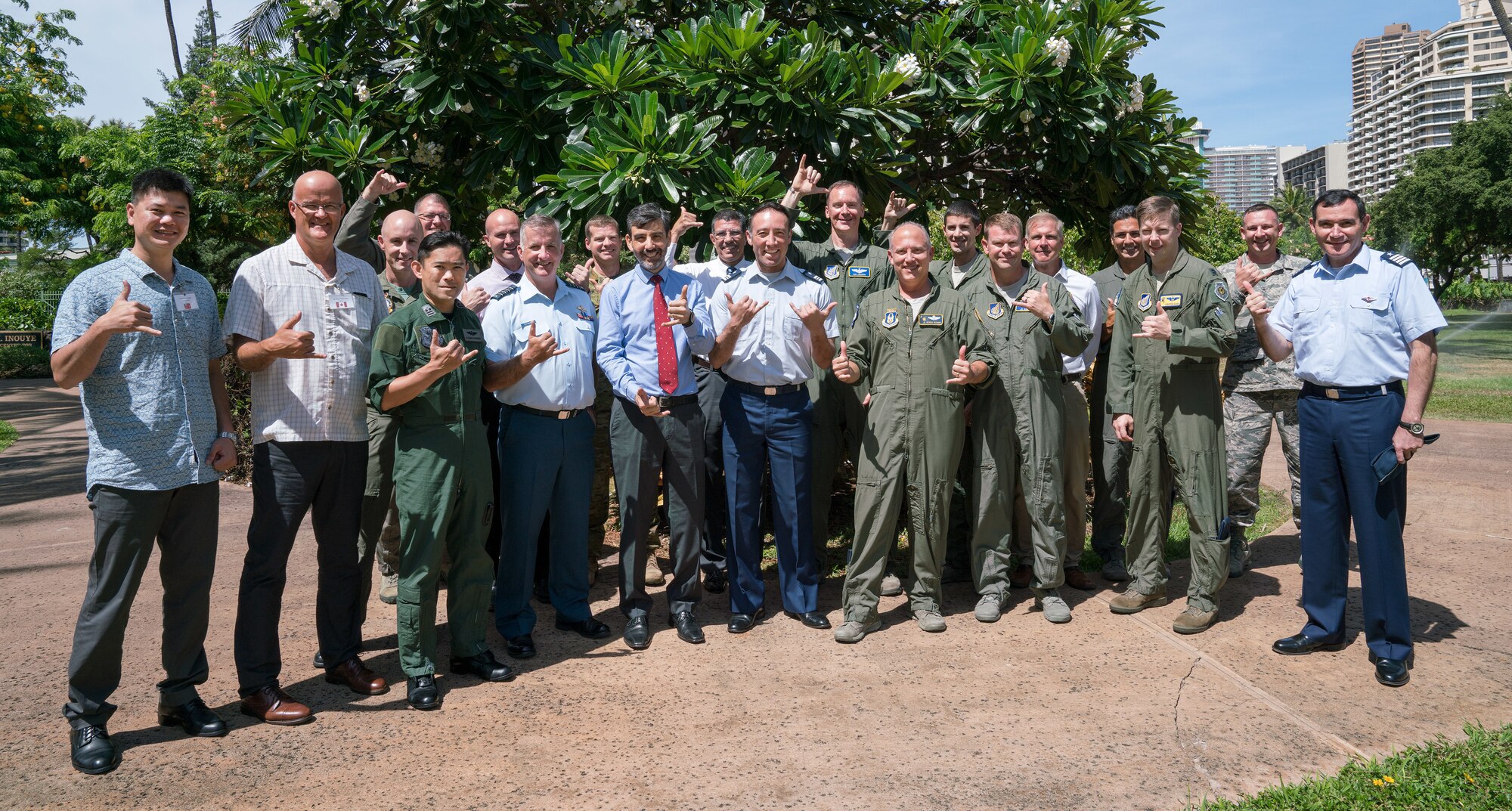 Attendees of the Asia-Pacific Aviation Safety Subject Matter Expert Exchange (APASS) pose for a photo together in Honolulu, Hawaii, Aug. 14, 2018. APASS allows partner nations in the Indo-Pacific to discuss aviation safety practices and devise solutions to challenges faced by the various air forces. (U.S. Air Force photo by Staff Sgt. Daniel Robles)