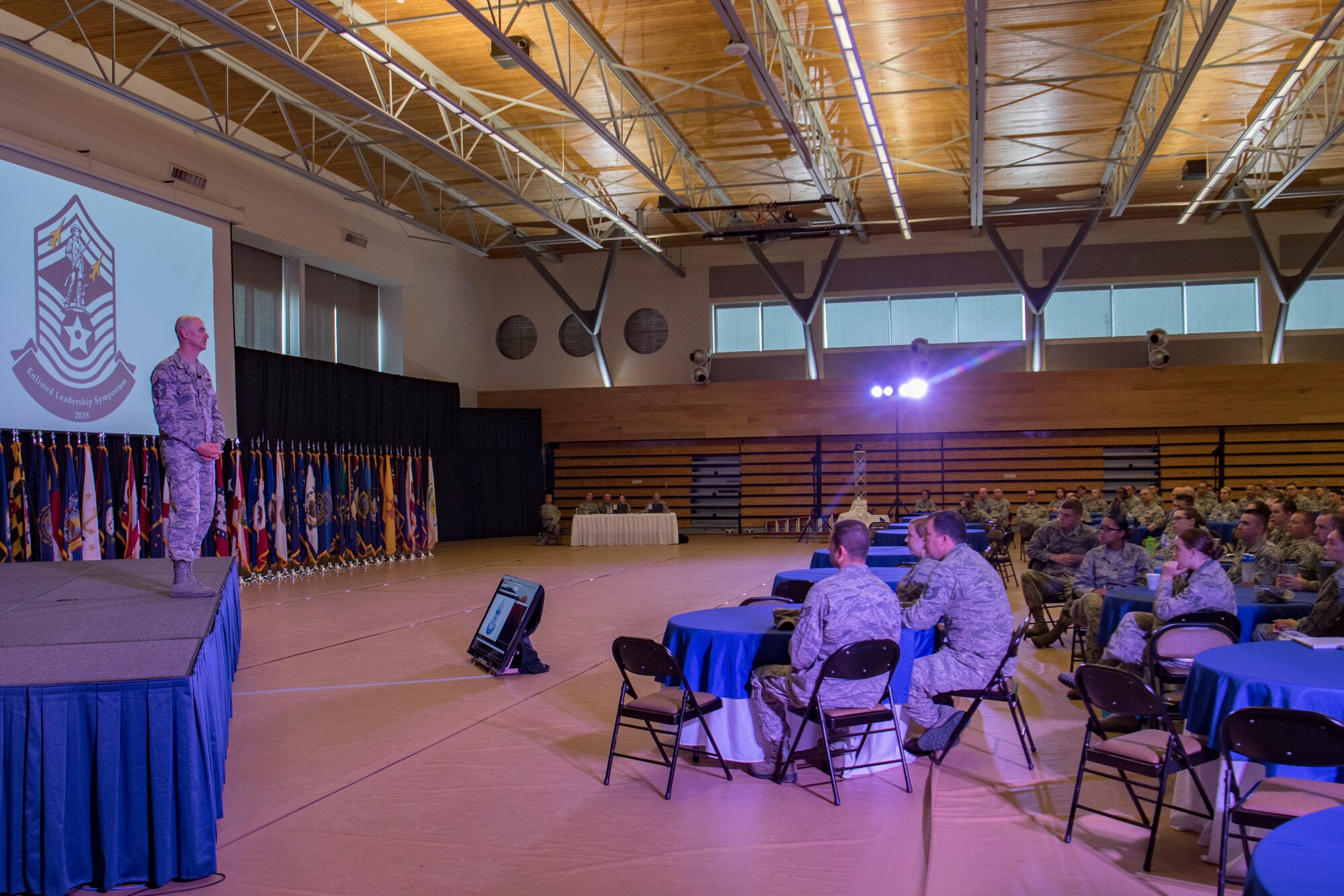 Chief Master Sgt. Ronald Anderson, the Command Chief Master Sgt. of the Air National Guard, gives a speech at the final day of the Enlisted Leadership Symposium (ELS) August 17, 2018 at Camp Dawson, W.Va. More than 400 Airmen representing Air National Guard units from each state and territory attended the ELS, a three-day event focused on leadership and professional development. (U.S. Air National Guard Photo by Airman 1st Class Caleb Vance)